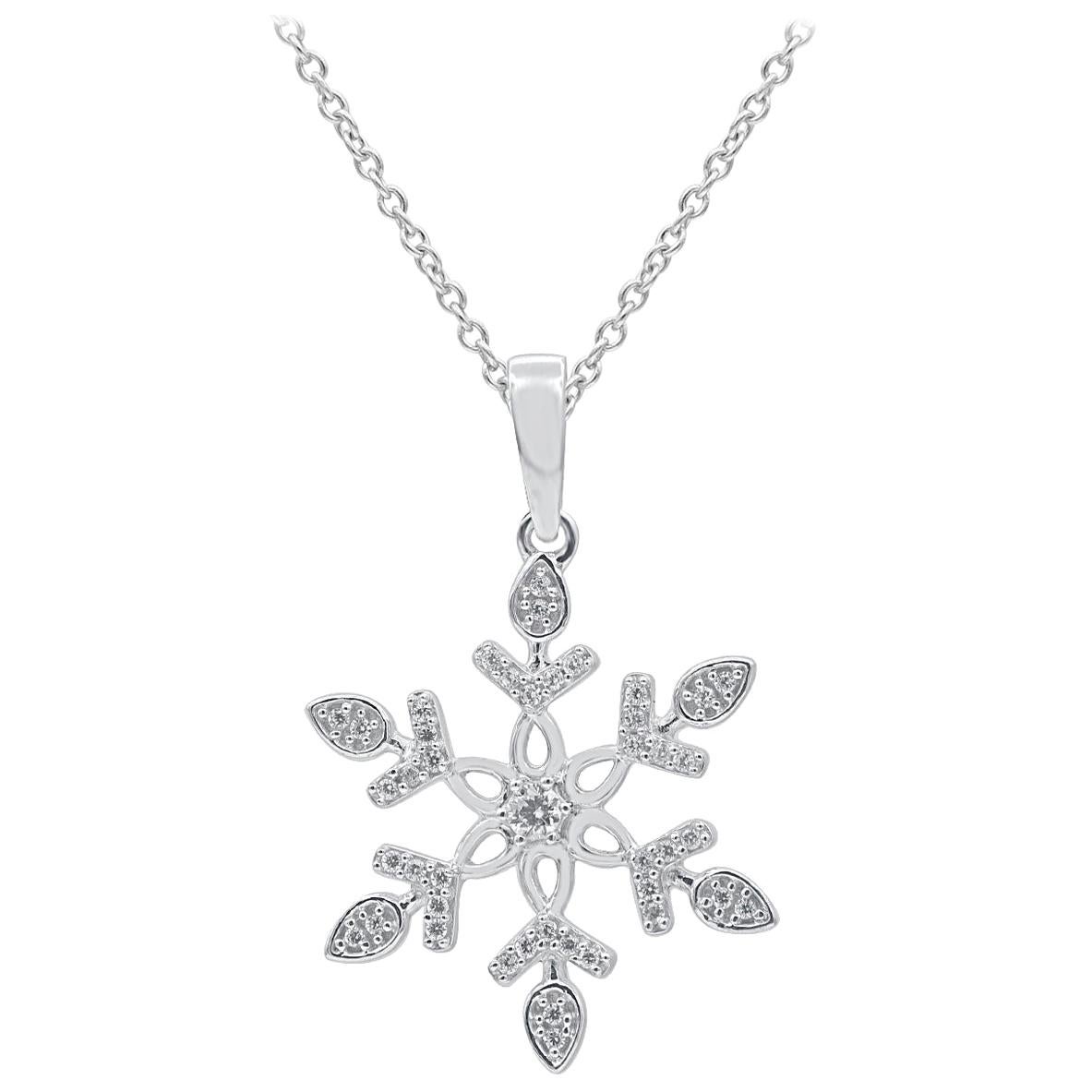 TJD 0.05 Carat Round Diamond 14 Karat White Gold Snowflake Fashion Pendant For Sale