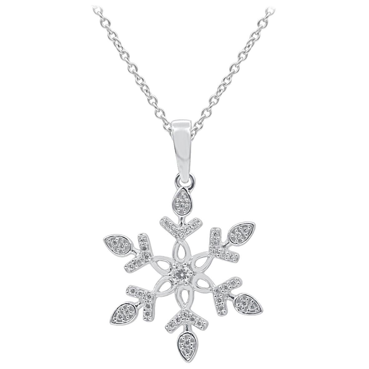 TJD 0.05 Carat Round Diamond 14 Karat White Gold Snowflake Fashion Pendant