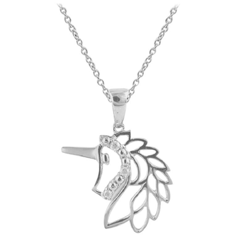 TJD 0.05 Carat Round Diamond 14 Karat White Gold Unicorn Fashion Pendant
