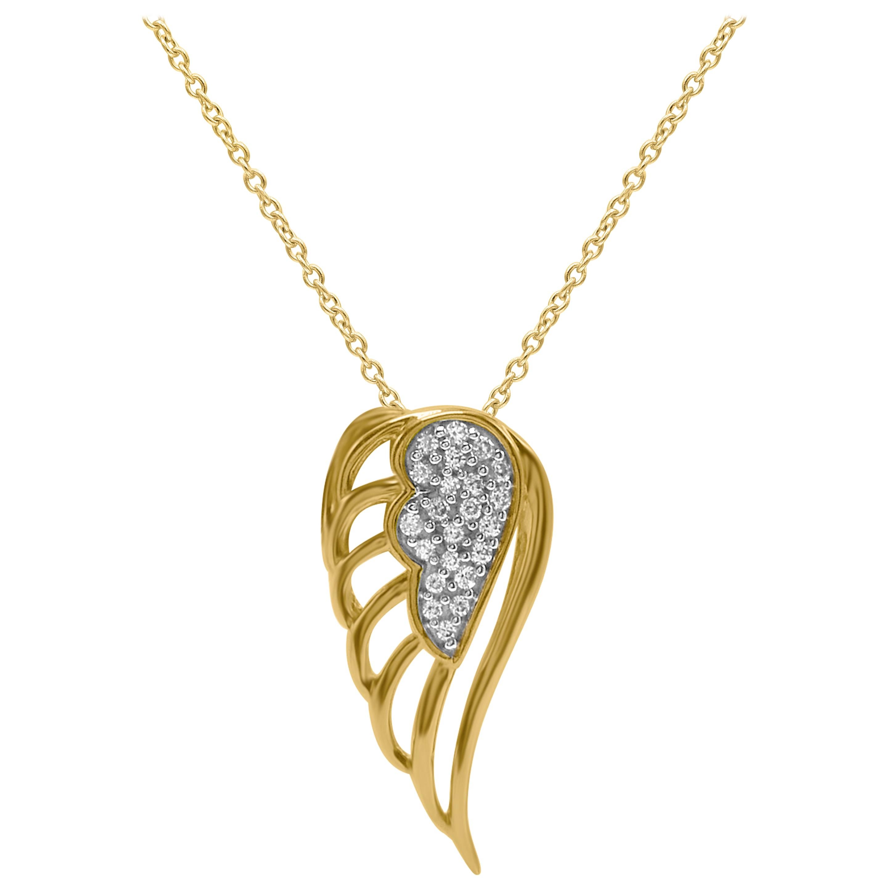 TJD 0.05 Carat Round Diamond 14 Karat Yellow Gold Designer Angel Wing Necklace