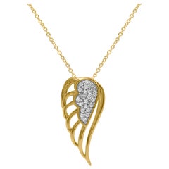 TJD 0.05 Carat Round Diamond 14 Karat Yellow Gold Designer Angel Wing Necklace