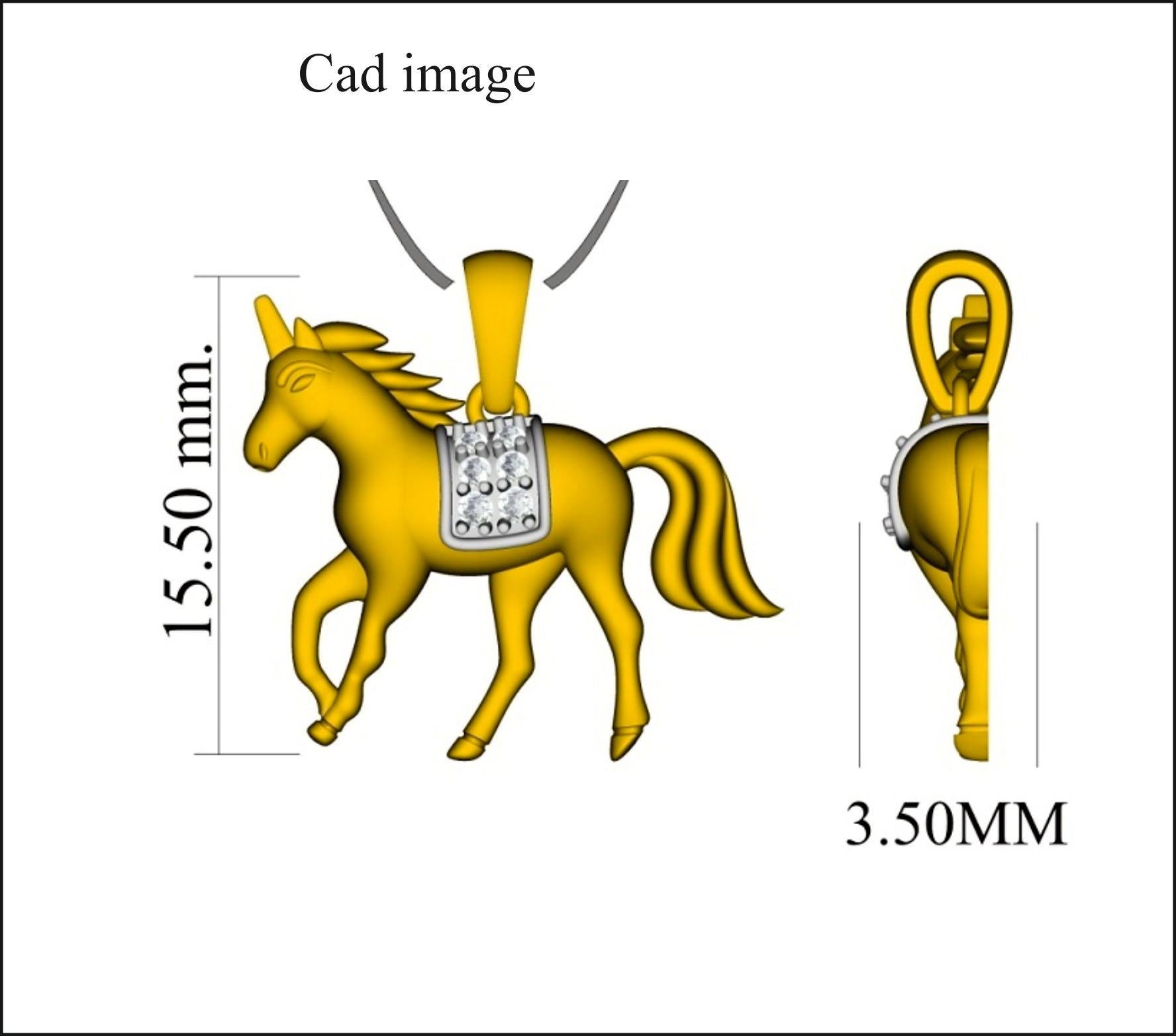 Questo ciondolo con diamante a forma di cavallo è un'immagine straordinaria, da non perdere. Il peso totale dei diamanti è di 0,05 carati e brilla con 6 diamanti rotondi splendidamente incastonati e realizzati dai nostri esperti in oro giallo 14 KT.