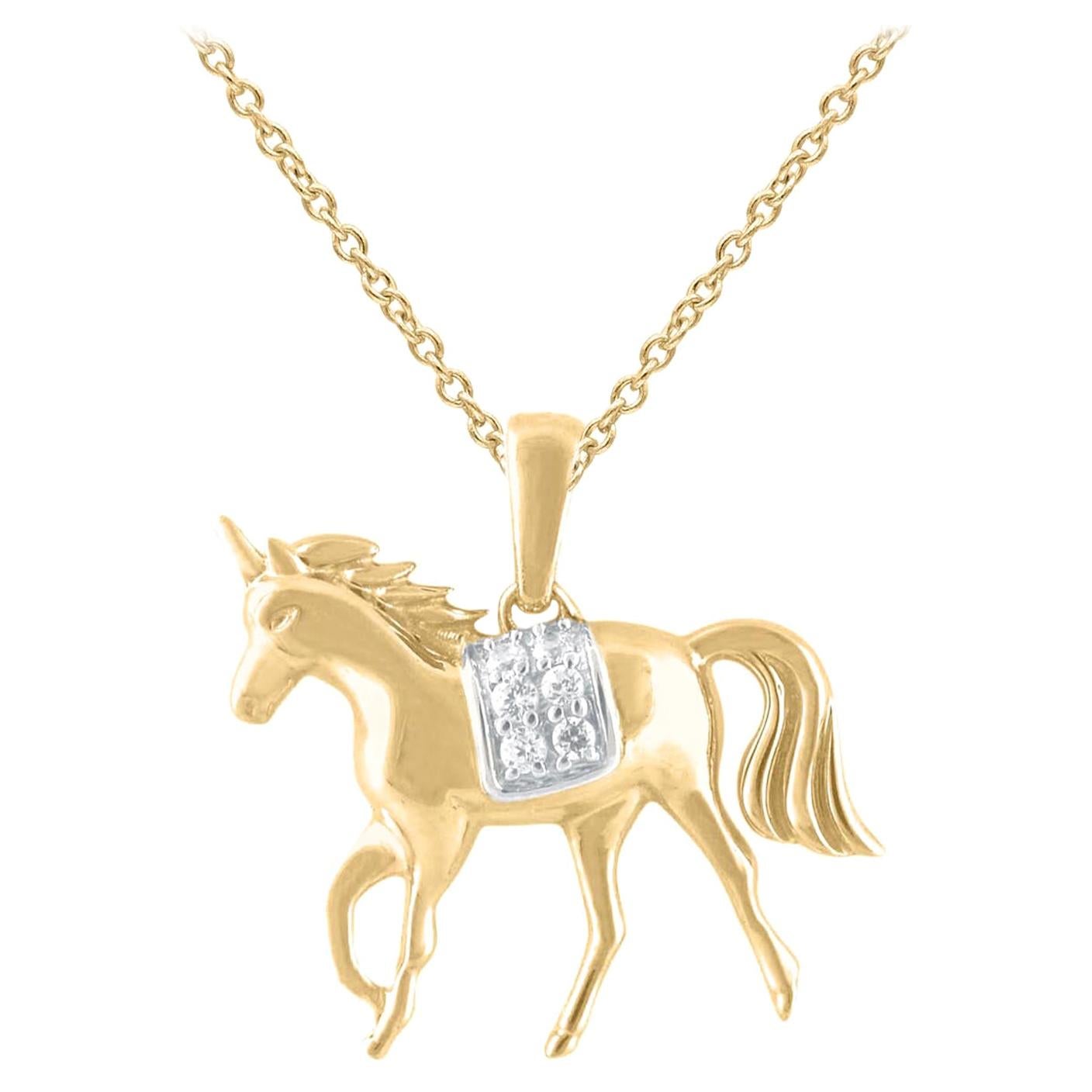 TJD 0.05 Carat Round Diamond 14 Karat Yellow Gold Designer Horse Motif Pendant For Sale