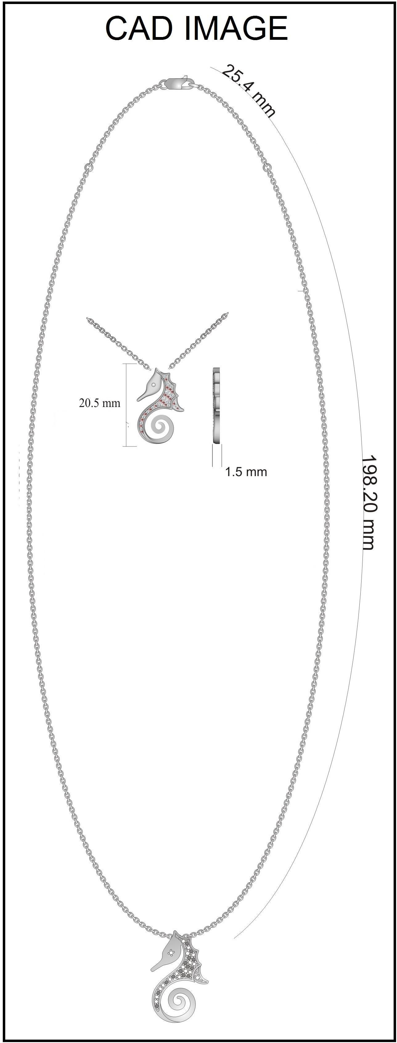 Charming as can be, this seahorse diamond pendant is a whimsical look any women will love to wear. Shimmering with 0.05 ct round diamond studded in prong and flush setting. Polished to a bright shine, this pendant suspends along with an cable chain.