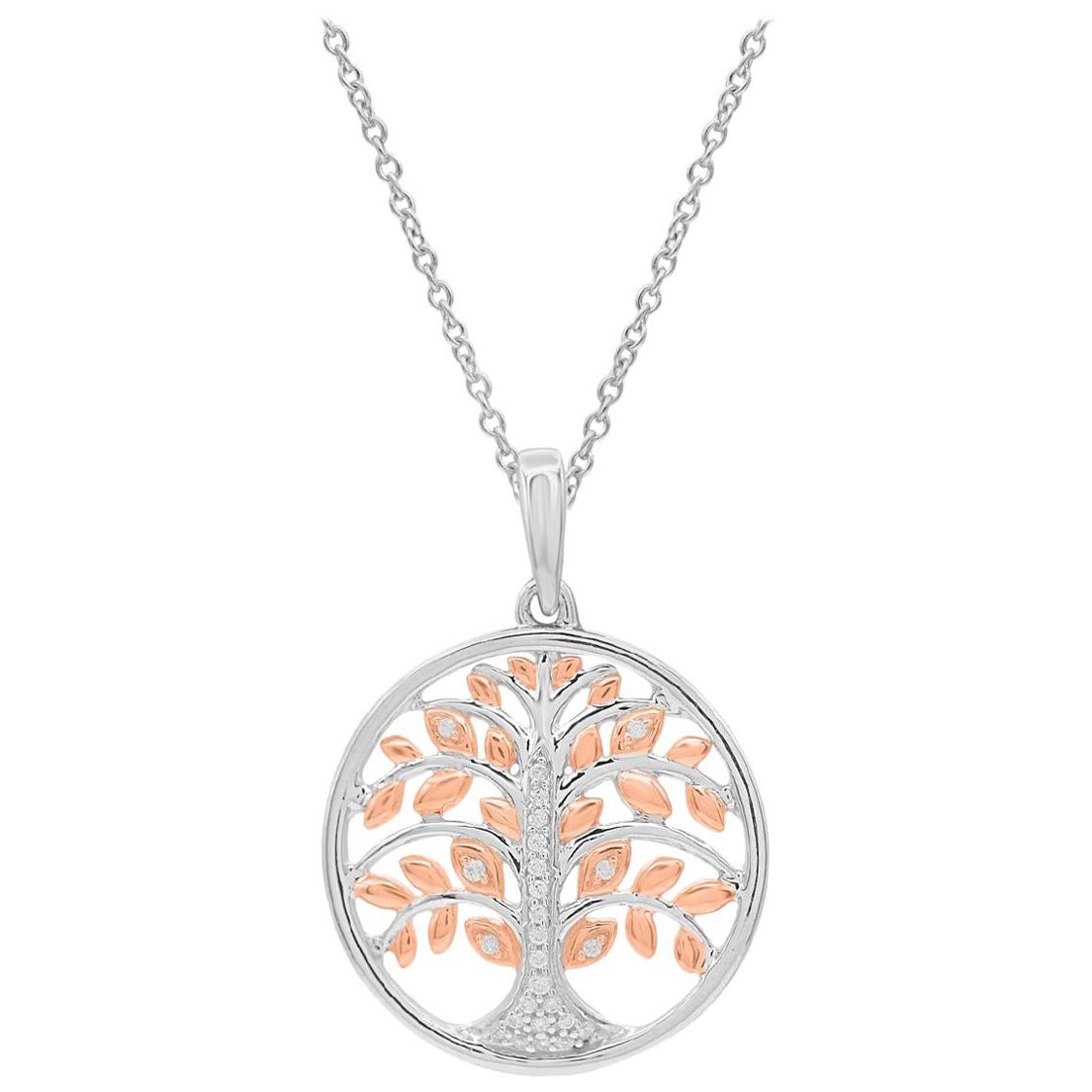 TJD 0.05 Carat Round Diamond 14KT Two-Tone Gold Designer Tree of Life Pendant