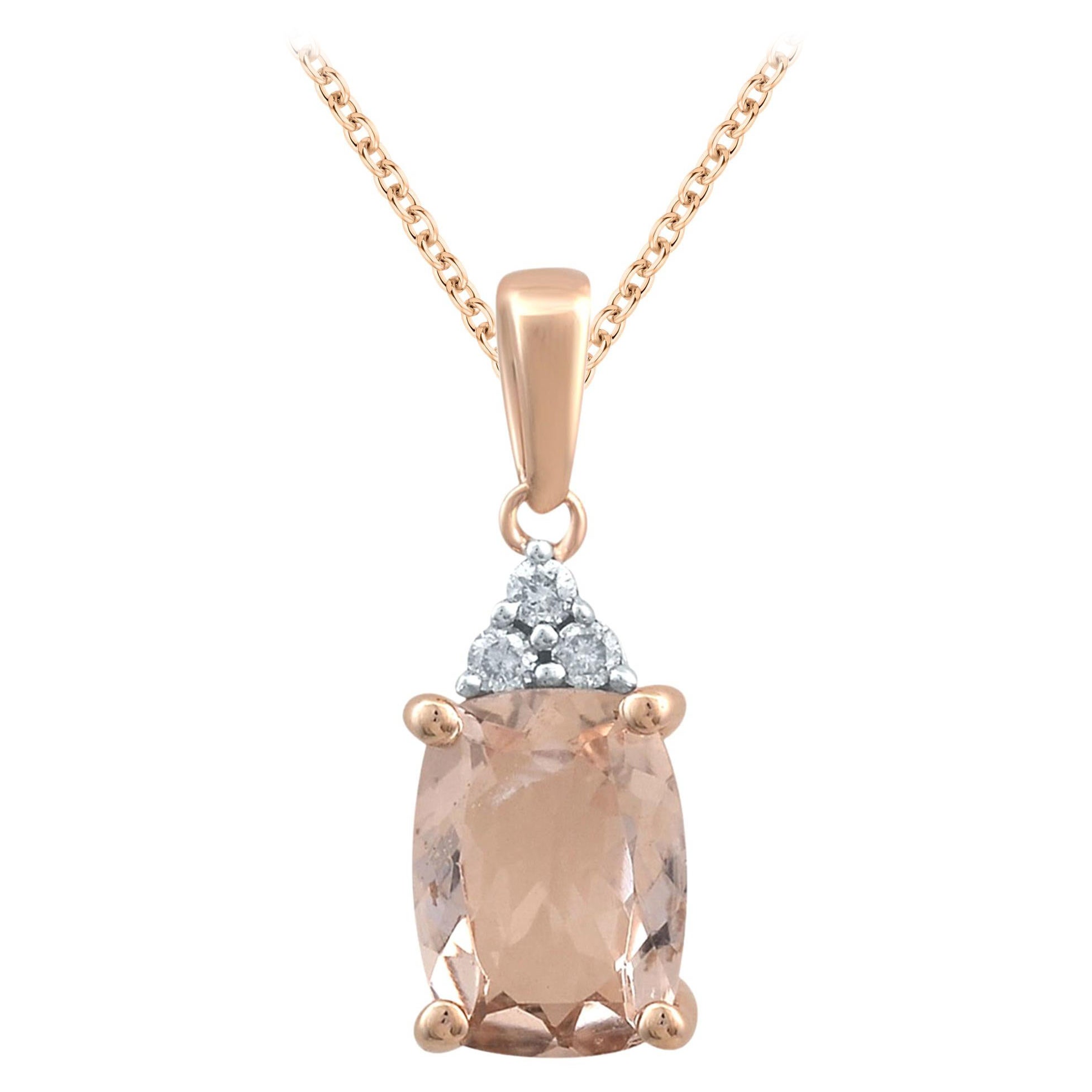 TJD 0.05 CTW Diamond
8X6 MM Cushion Cut Morganite 14 K Rose Gold Halo Pendant