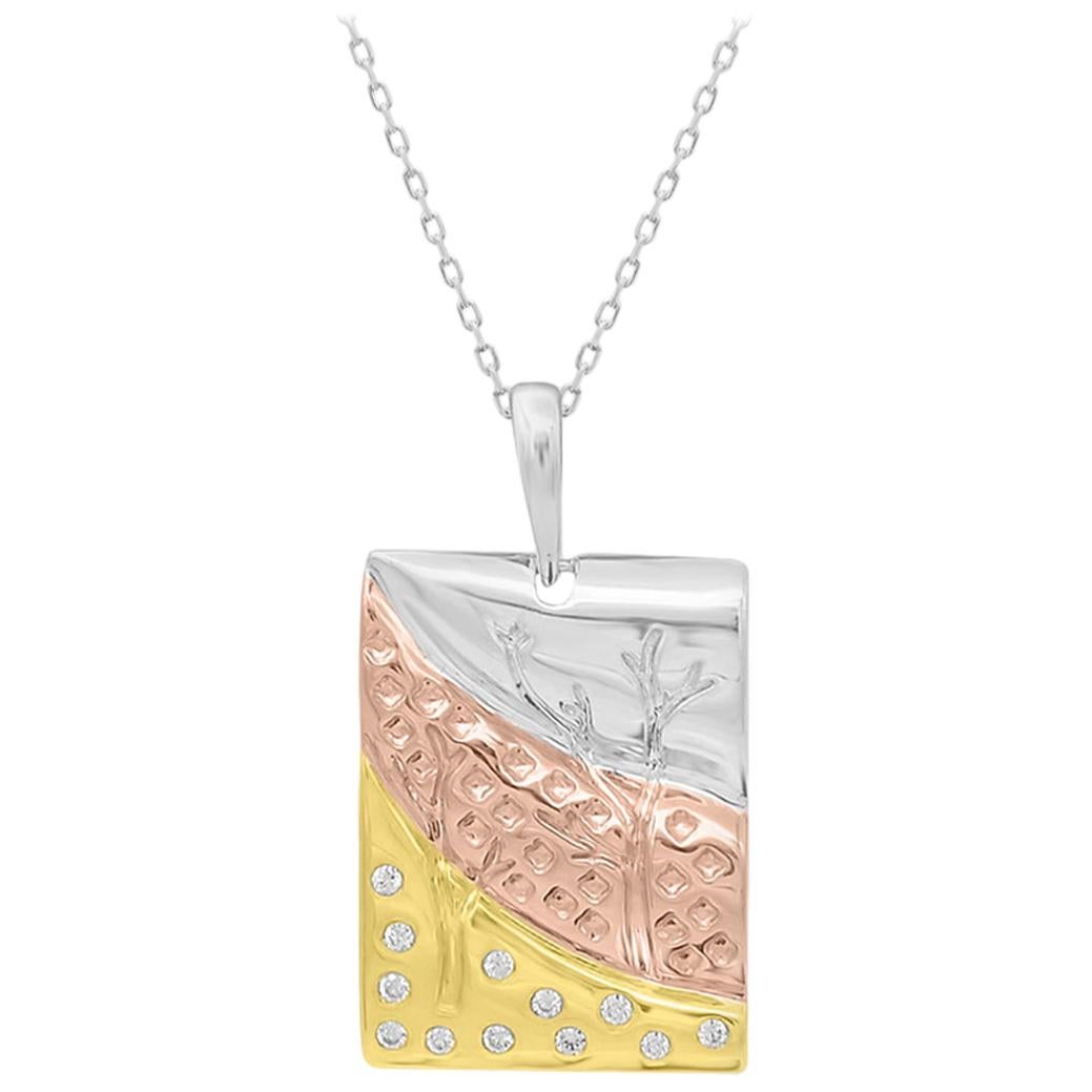 Pendentif à la mode rectangulaire en or tricolore 14 carats avec diamants ronds de 0,05 carat TJD