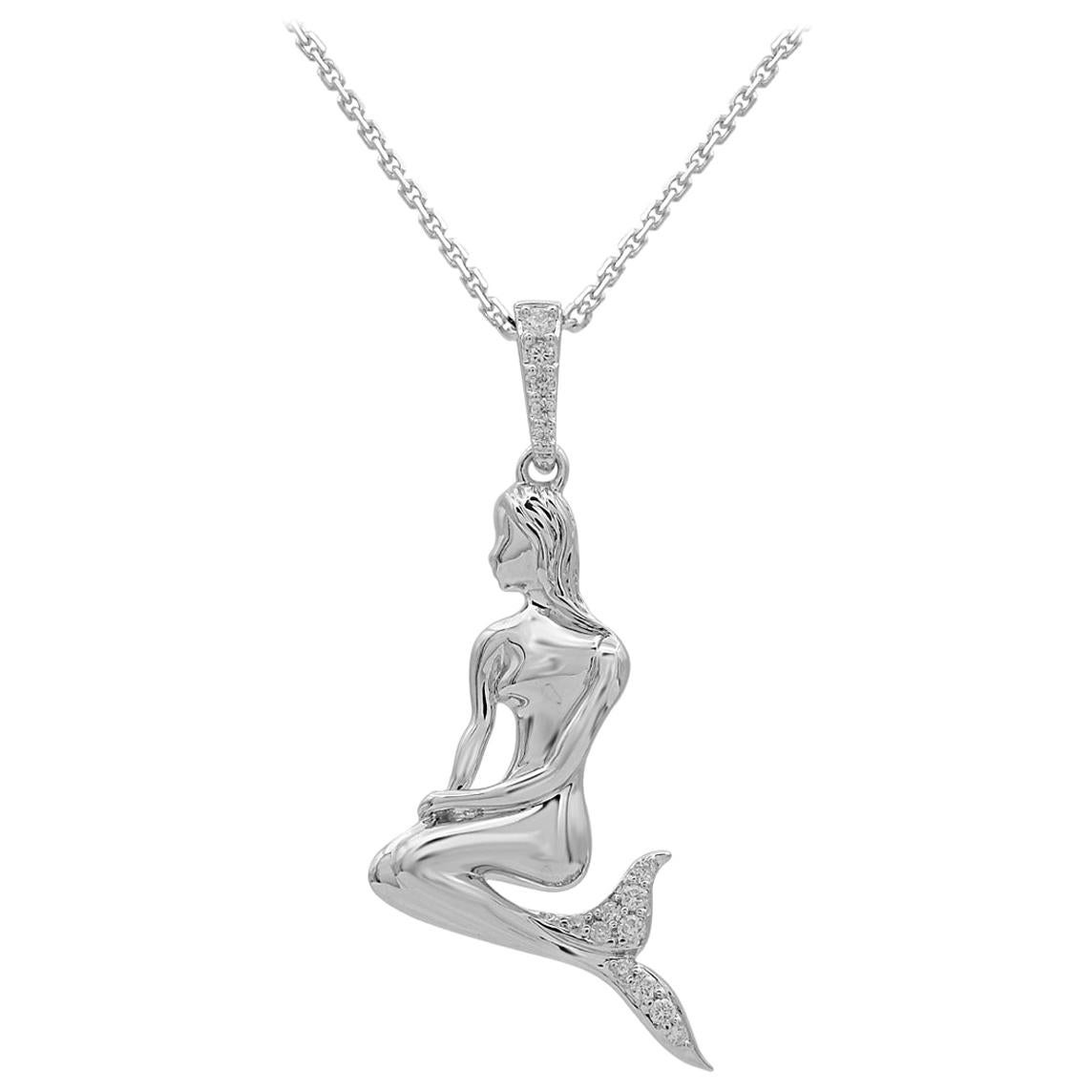 TJD 0.05carat Round Diamond 14 Karat White Gold Designer Mermaid Motif Pendant For Sale