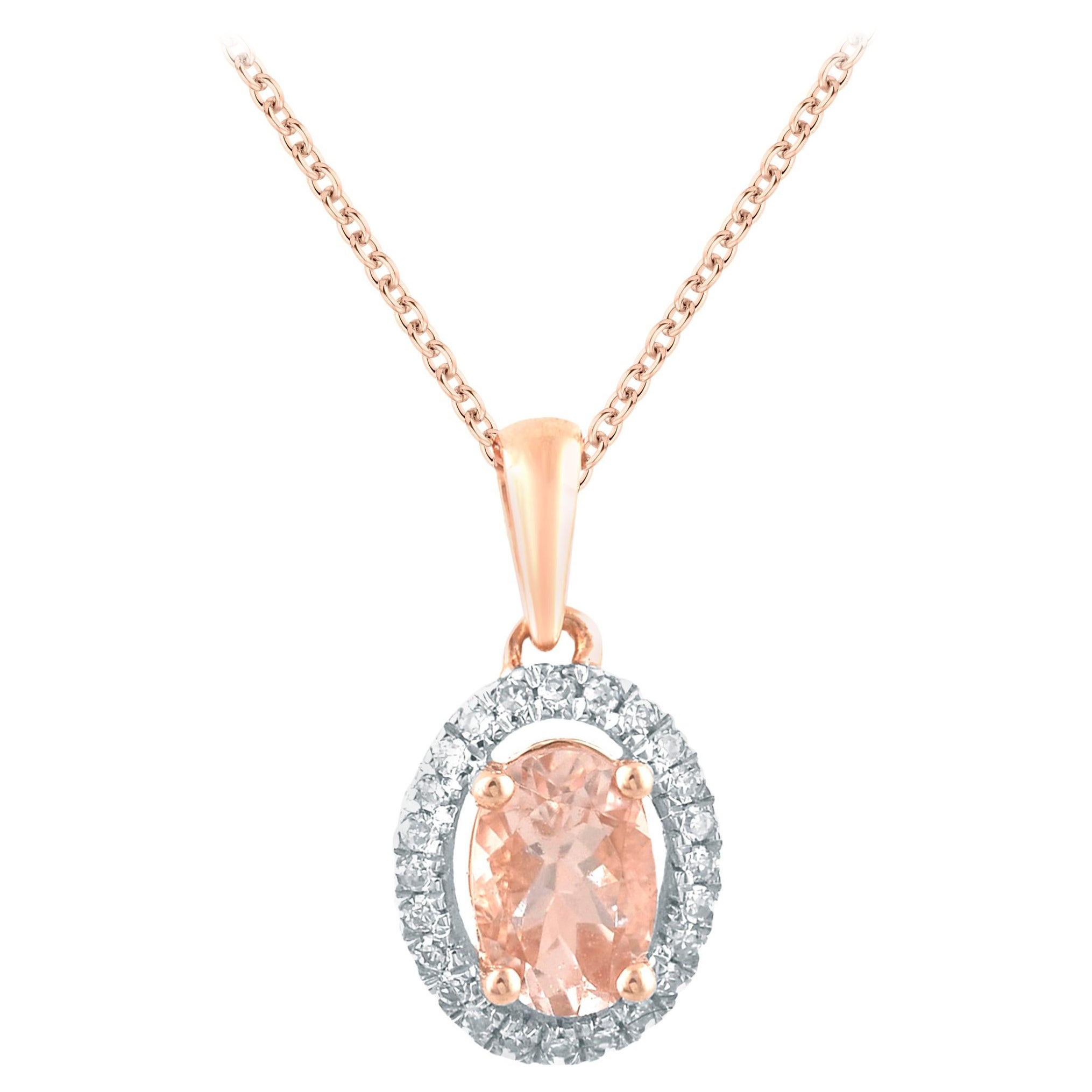 TJD 0.06 Carat Diamond and 6X4 MM Oval Morganite 14 Karat Rose Gold Halo Pendant