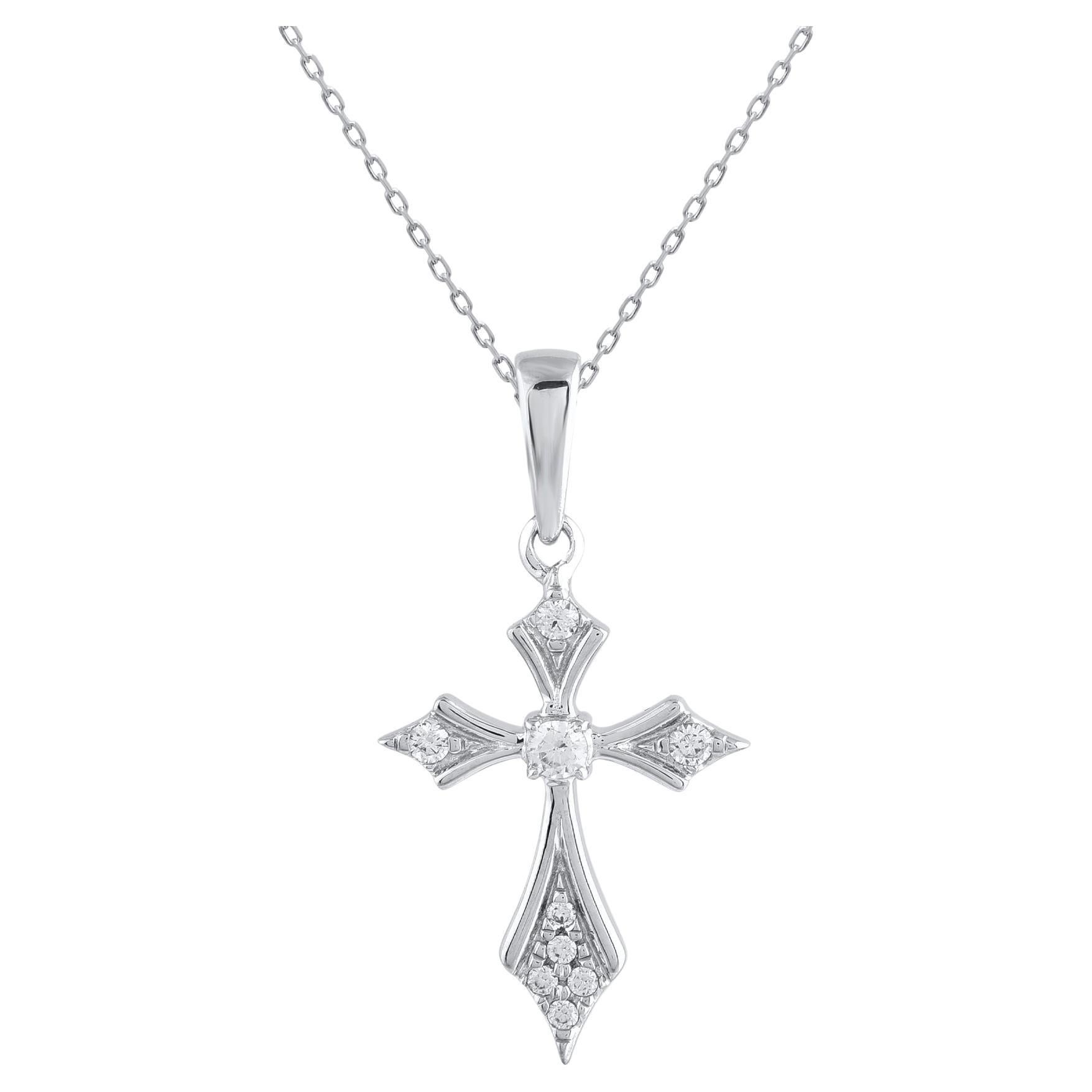 TJD 0.06 Carat Natural Diamond 18 karat White Gold Cross Pendant Necklace For Sale