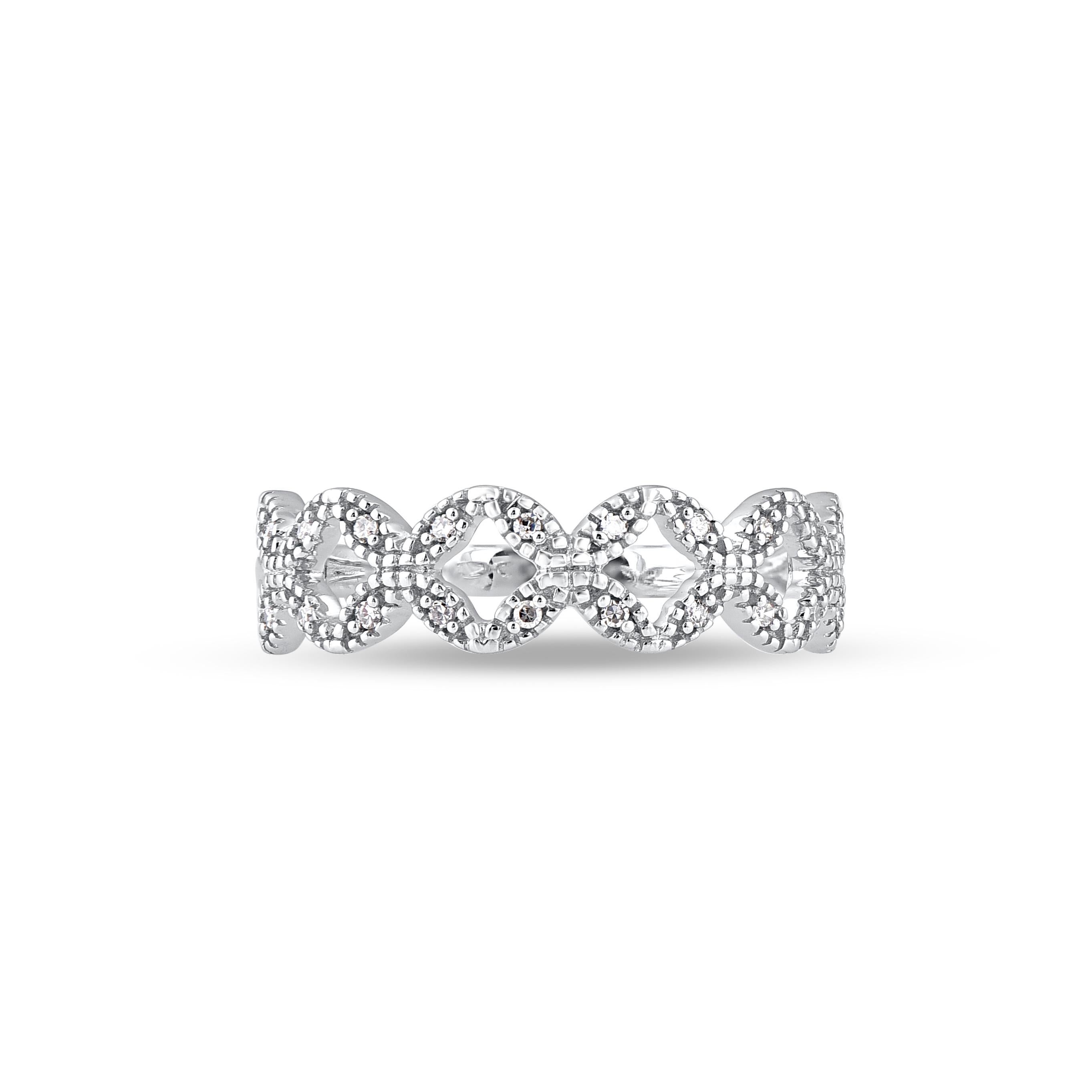 Express your love for her in the most classic way with this band ring. This beautiful ring features shimmering 20 single cut diamonds studded in pave setting. Crafted in 14 karat white gold. The total diamond weight is 0.06 carat. The diamonds are