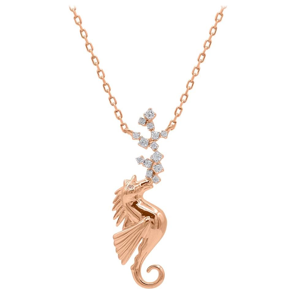 TJD 0.06 Carat Round Diamond 14 Karat Rose Gold Designer Seahorse Motif Pendant For Sale