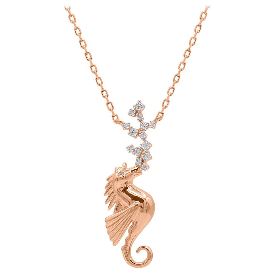 TJD 0.06 Carat Round Diamond 14 Karat Rose Gold Designer Seahorse Motif Pendant
