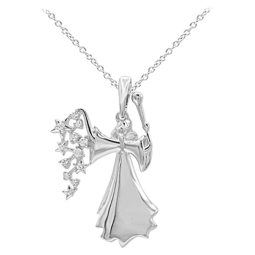 TJD 0.06 Carat Round Diamond 14 Karat White Gold Designer Angel Pendant Necklace
