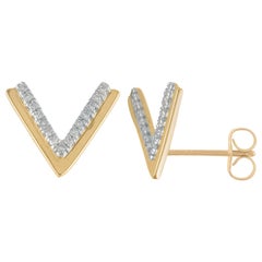 TJD 0.06 Carat Round Diamond 14 Karat Yellow Gold Initial Letter V Stud Earrings