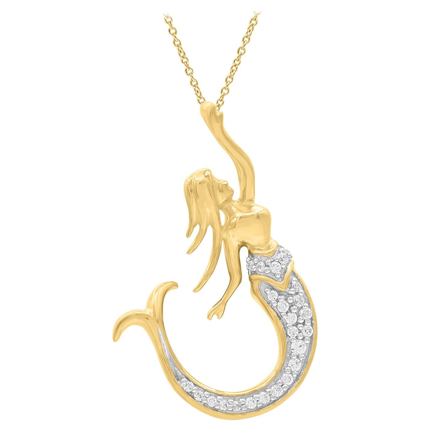 TJD 0.06 Carat Round Diamond 14 Karat Yellow Gold Mermaid Motif Fashion Pendant For Sale