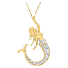 TJD 0.06 Carat Round Diamond 14 Karat Yellow Gold Mermaid Motif Fashion Pendant