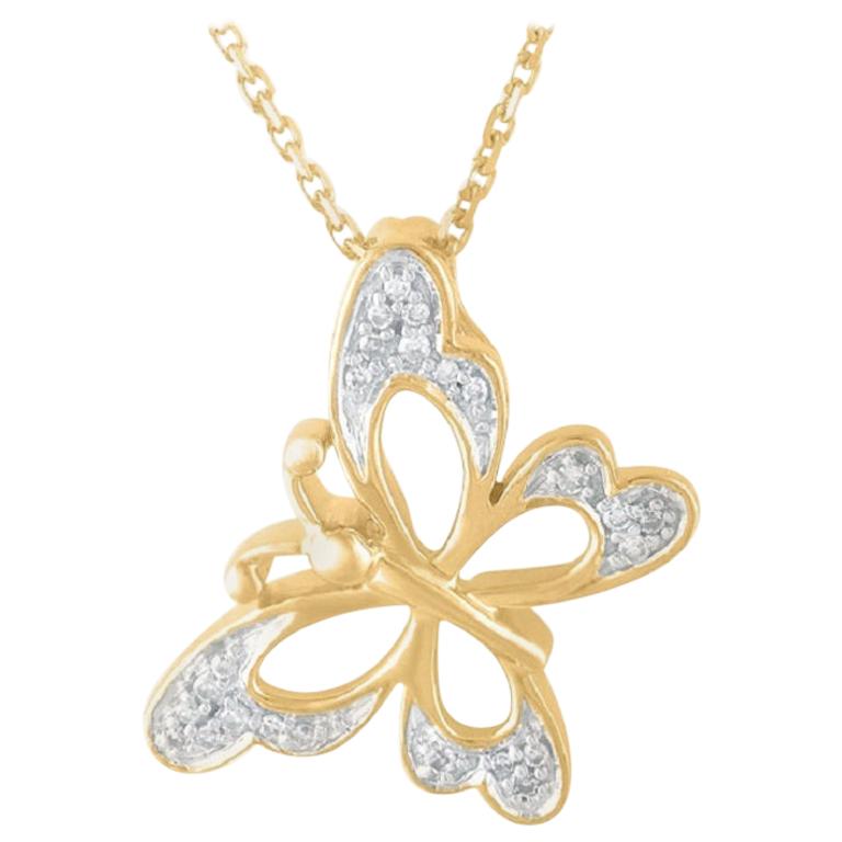 TJD 0.06 Carat Round Diamond 14K Yellow Gold Tilted Butterfly Fashion Pendant For Sale