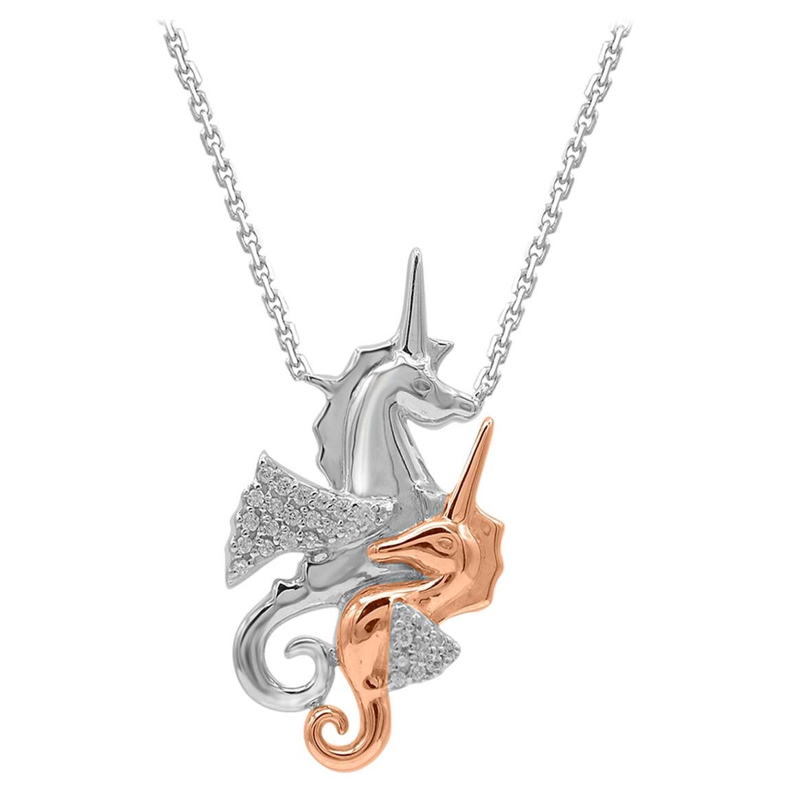TJD 0.06Carat Round Diamond 14 Karat Two Toned Gold Mom and Baby Unicorn Pendant For Sale