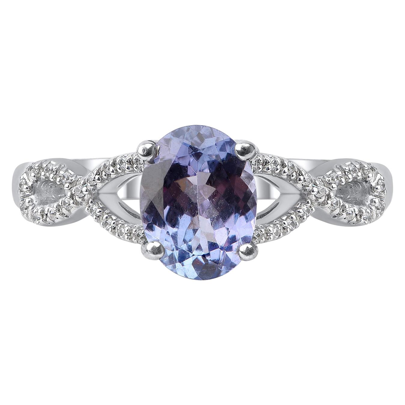 TJD 0.07 Carat Diamond and 8 X 6 MM Natural Tanzanite 14K White Gold Twist Ring