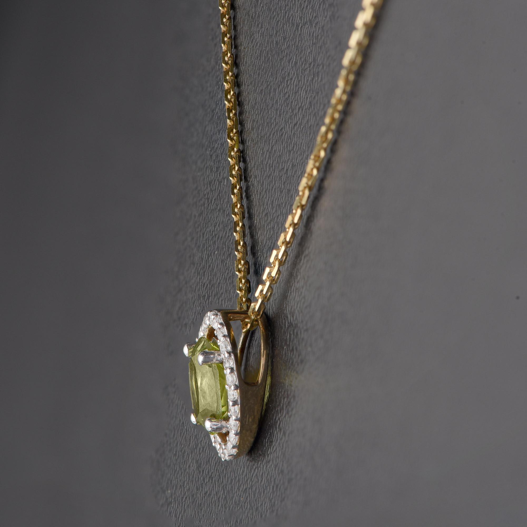 Modern TJD 0.07 Carat Diamond and 6X4MM Oval Peridot 18 Karat Yellow Gold Halo Pendant For Sale