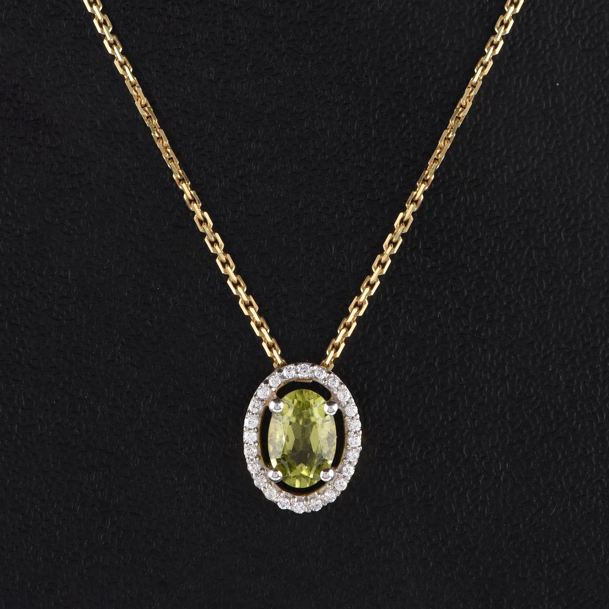 Round Cut TJD 0.07 Carat Diamond and 6X4MM Oval Peridot 18 Karat Yellow Gold Halo Pendant For Sale