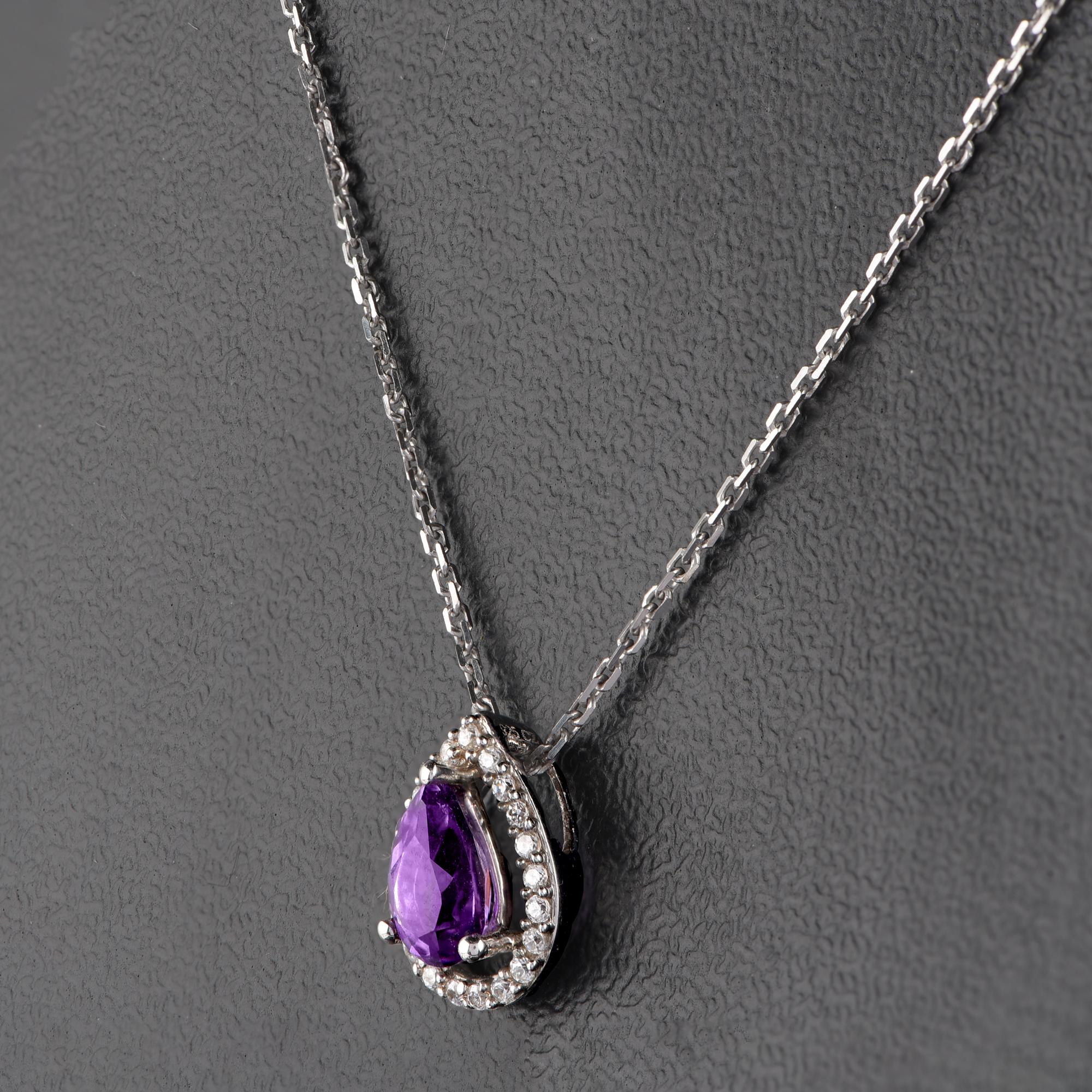Modern TJD 0.07 Carat Diamond and 6X4MM Pear Amethyst 18 Karat White Gold Halo Pendant For Sale