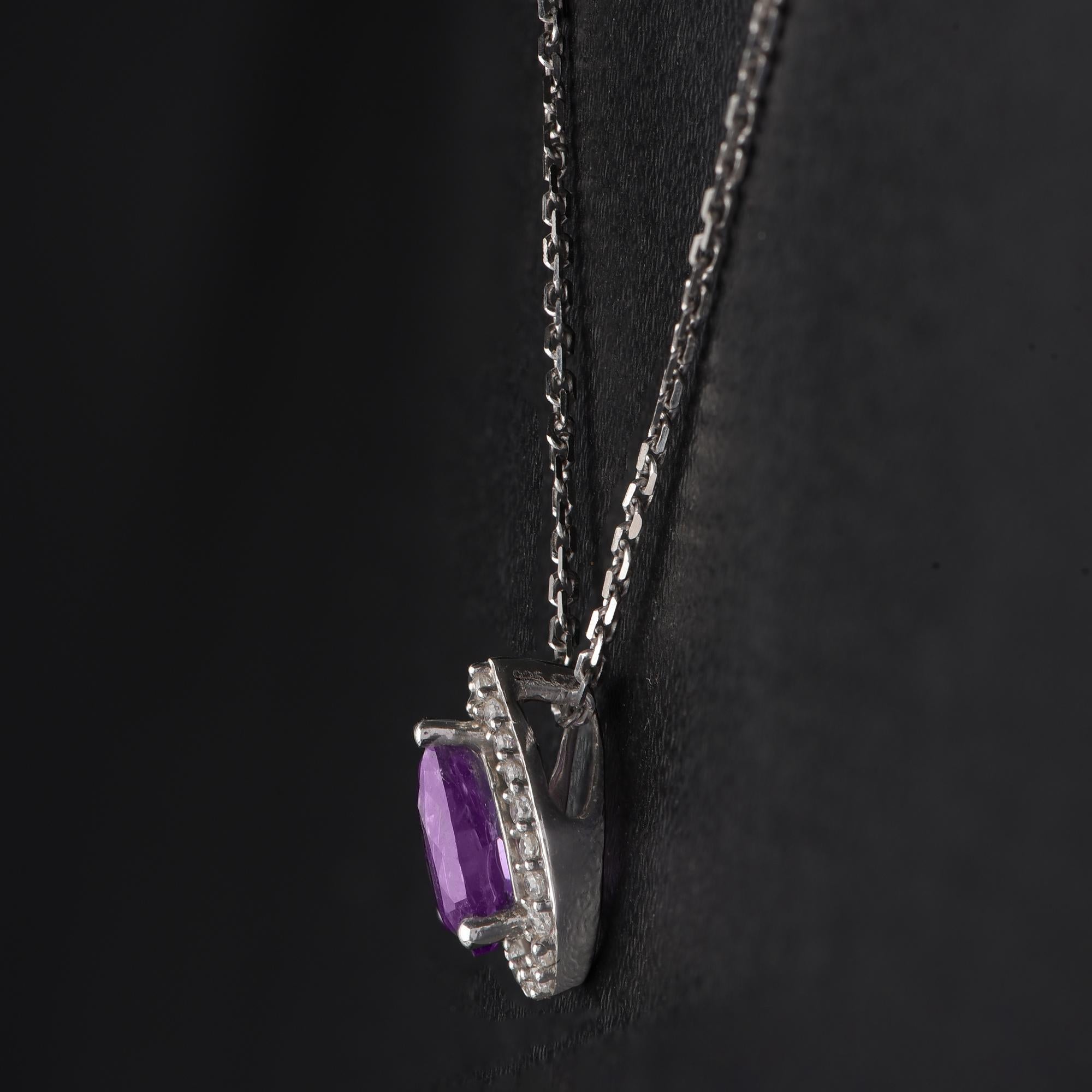 Round Cut TJD 0.07 Carat Diamond and 6X4MM Pear Amethyst 18 Karat White Gold Halo Pendant For Sale