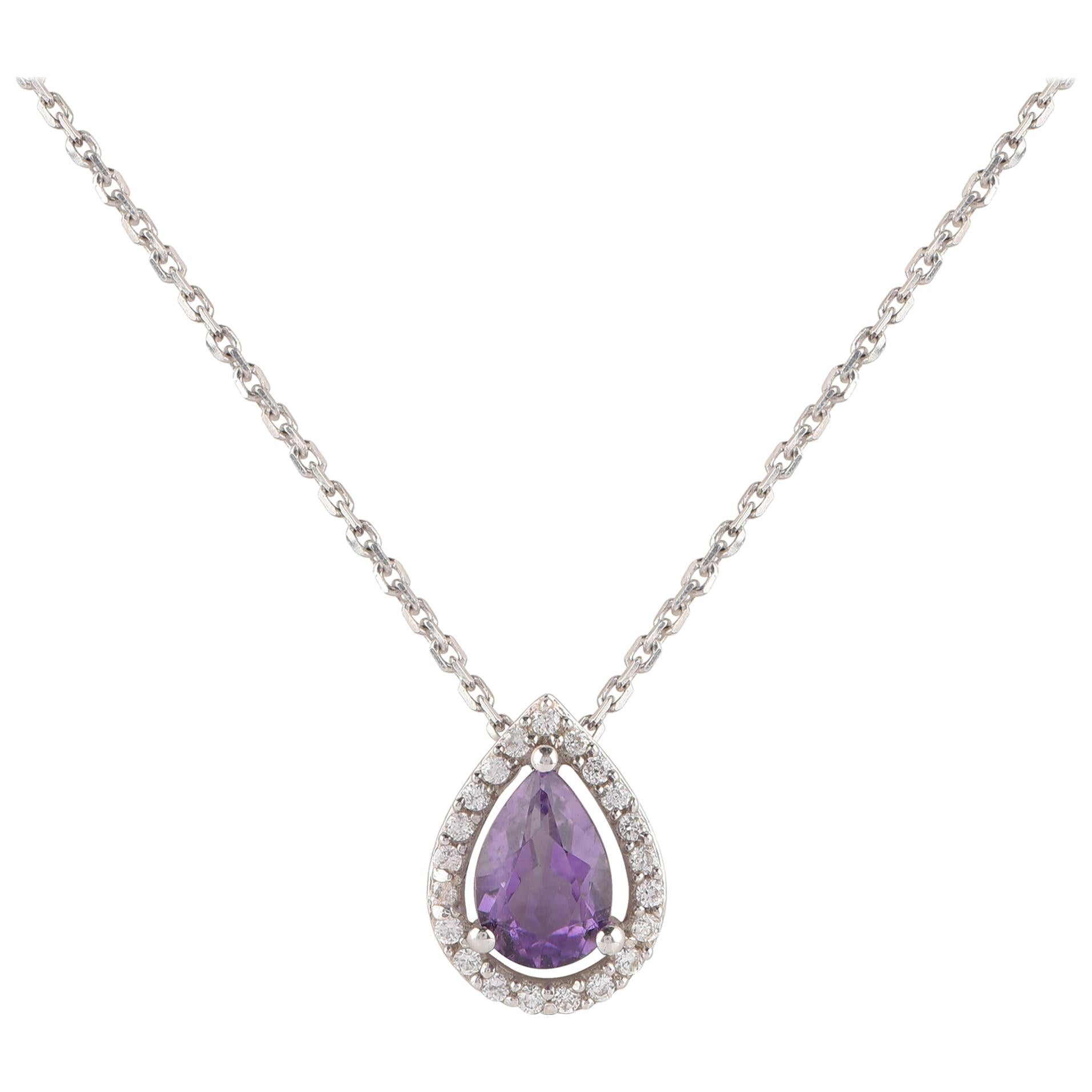 TJD 0.07 Carat Diamond and 6X4MM Pear Amethyst 18 Karat White Gold Halo Pendant For Sale