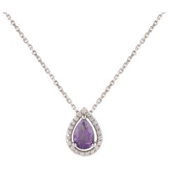 TJD 0.07 Carat Diamond and 6X4MM Pear Amethyst 18 Karat White Gold Halo Pendant
