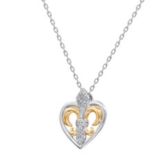 TJD Collar Colgante Corazón Flor de Lis 0,07 Quilates Diamante Natural Oro 14 Kilates