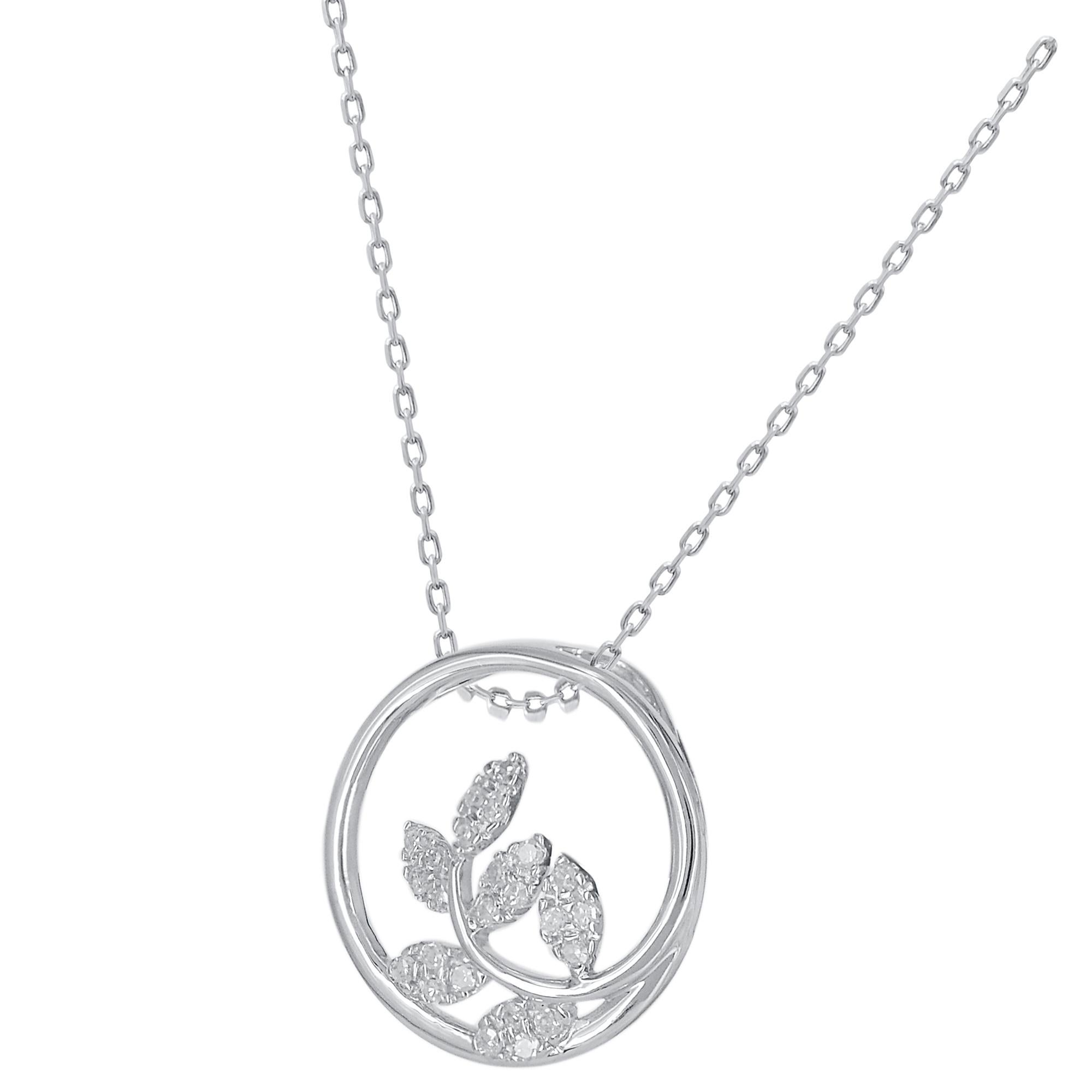 This beautiful circle pendant necklace is studded with 24 single cut round diamonds in prong setting. The total diamond weight of these pendant is 0.07 carats. All the diamonds are H-I color, I-2 clarity. This white gold circle pendant will come