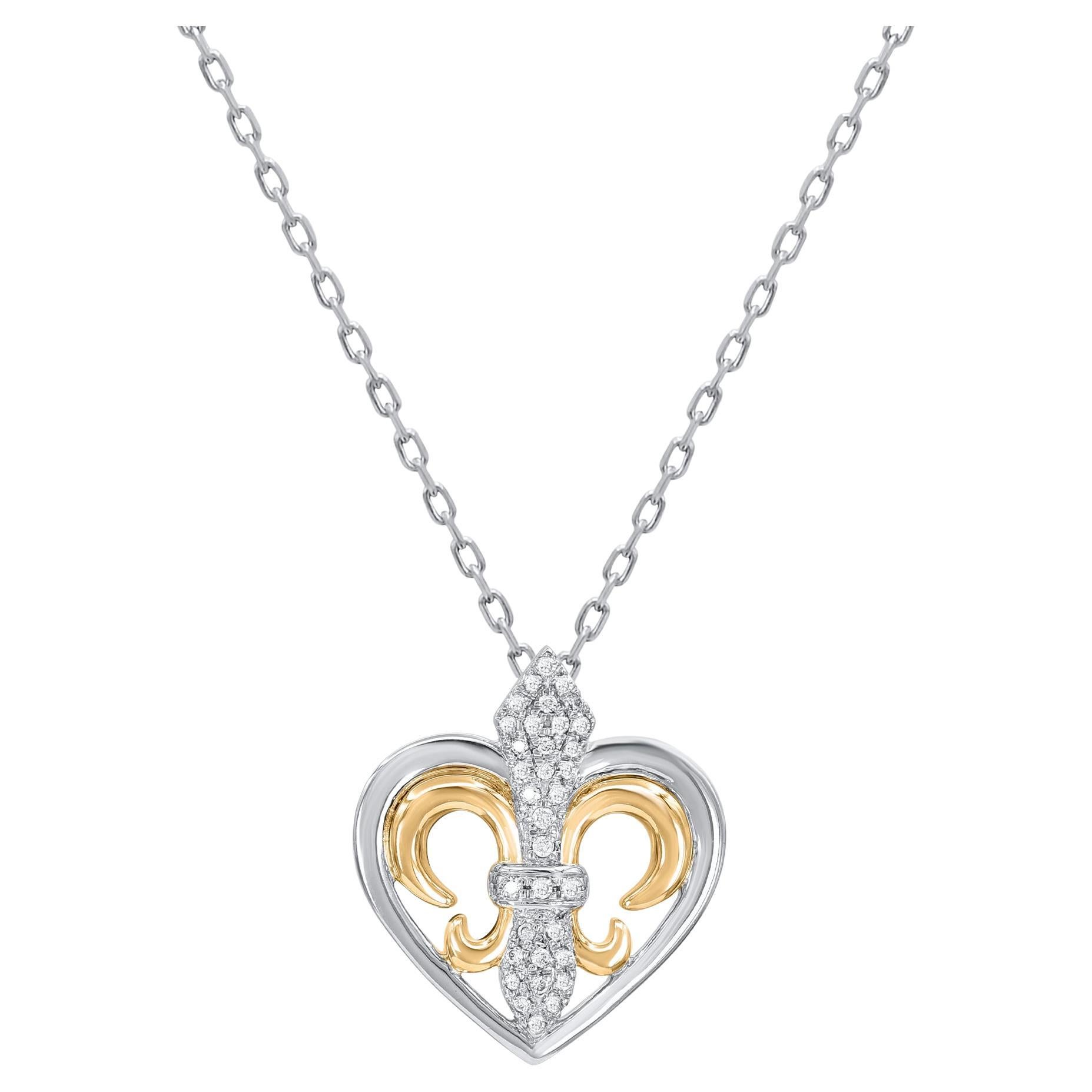 TJD 0.07 Carat Natural Diamond 14 Karat Gold Fleur-de-Lis Heart Pendant Necklace For Sale