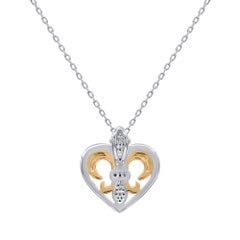 TJD 0.07 Carat Natural Diamond 18 Karat Gold Fleur-de-Lis Heart Pendant Necklace