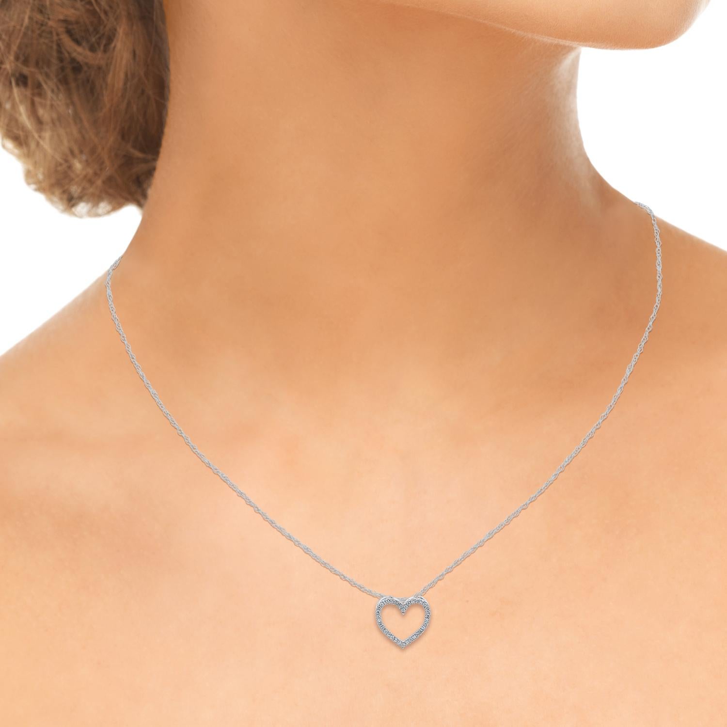 Single Cut TJD 0.07 Carat Natural Round Cut Diamond 14 Karat White Gold Heart Necklace For Sale