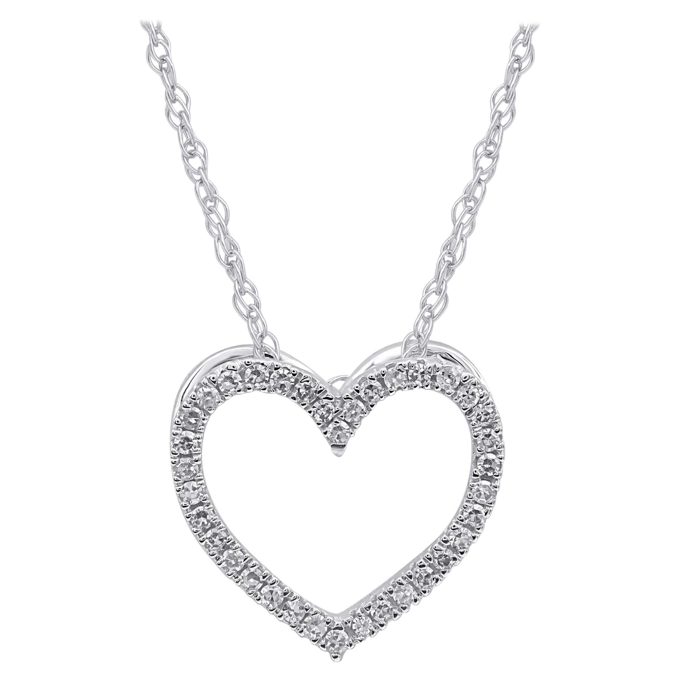 TJD 0.07 Carat Natural Round Cut Diamond 14 Karat White Gold Heart Necklace