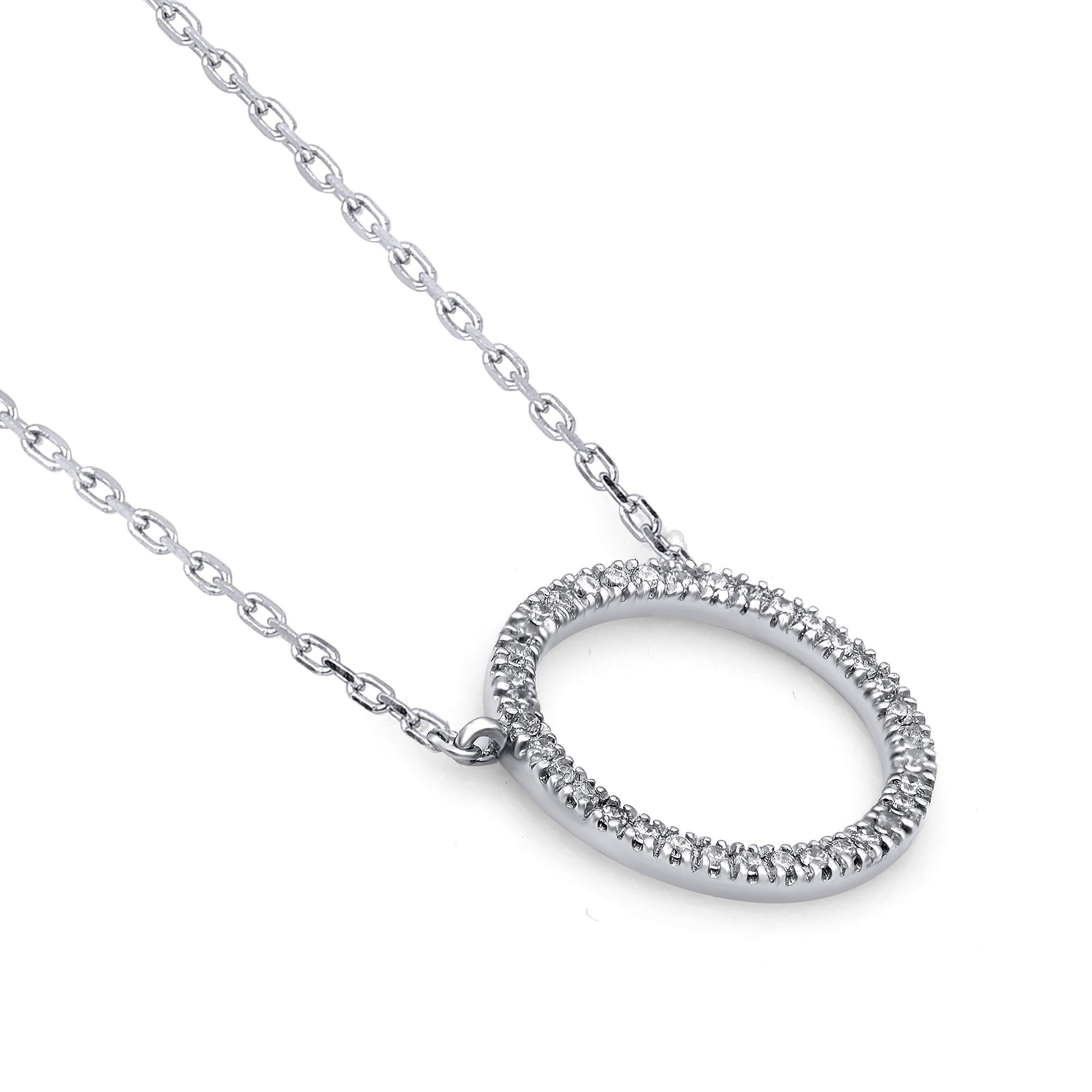 This diamond open circle eternity pendant fits any occasion with ease. These eternity pendants are studded with 36 single cut natural diamonds in prong setting and crafted in 14 karat white gold. Diamonds are graded as H-I color and I-2 clarity.