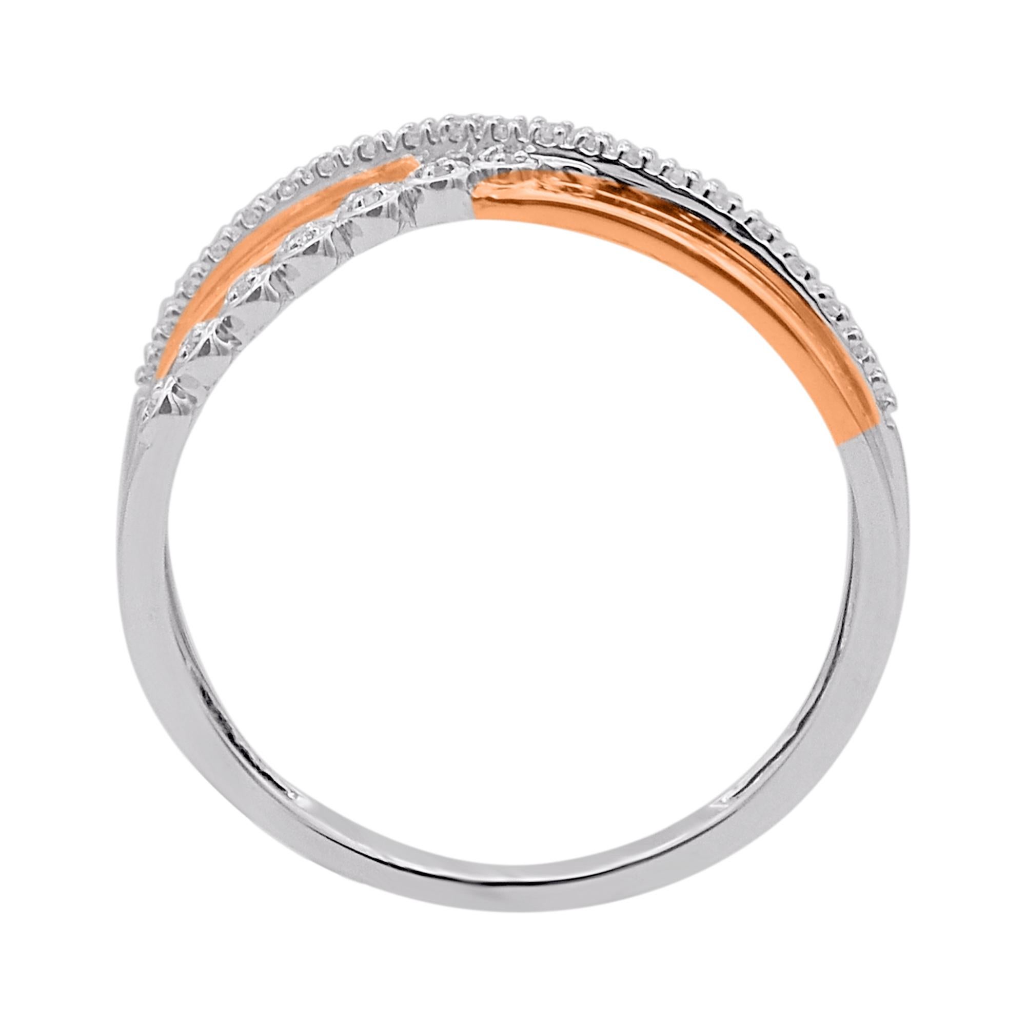 Art Deco TJD 0.07 Carat Natural Round Diamond Two Tone Gold Crossover Wedding Band Ring For Sale