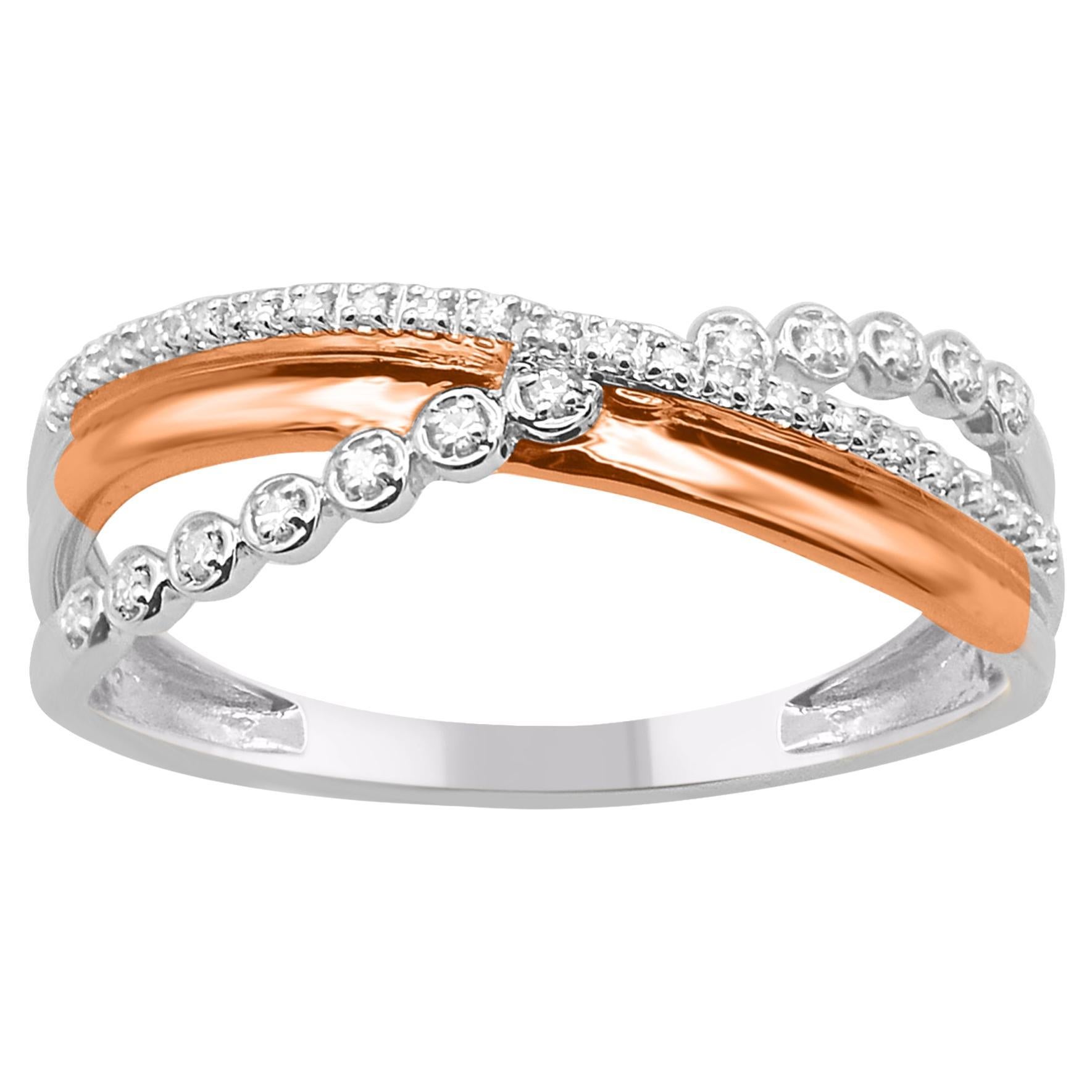 TJD 0.07 Carat Natural Round Diamond Two Tone Gold Crossover Wedding Band Ring For Sale