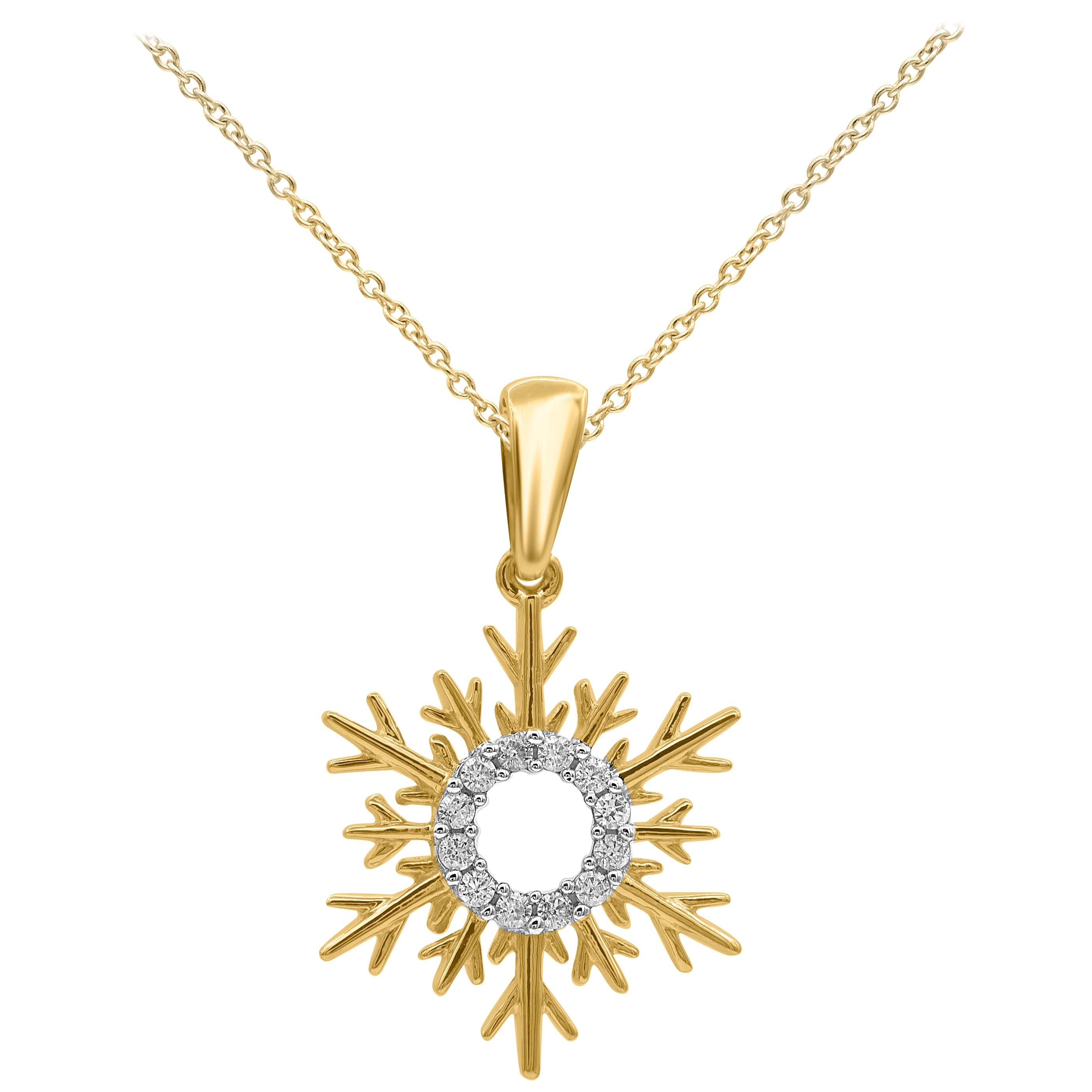 TJD 0.07 Carat Round Diamond 14Kt Yellow Gold Snowflake Designer Fashion Pendant