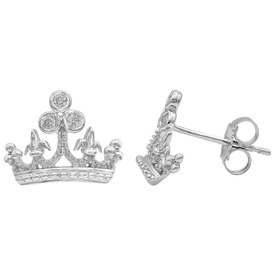 TJD - Boucles d
oreilles couronne en or blanc 14 carats avec chaton et diamant rond de 0,07 carat en vente
