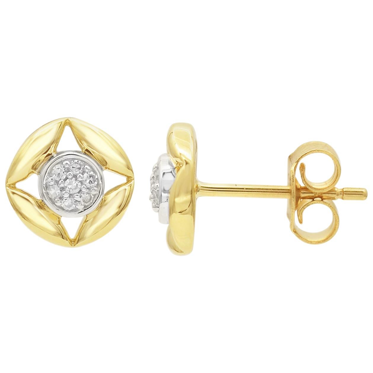 TJD 0.07 Carat Round Diamond 14 Karat Yellow Gold Cluster Fashion Stud Earrings For Sale
