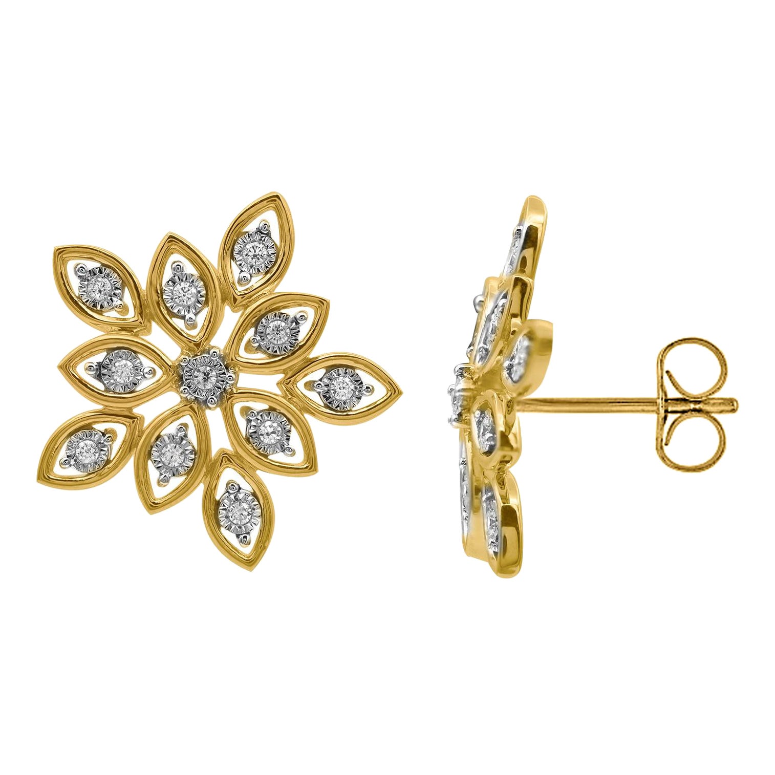 TJD 0.07 Carat Round Diamond 14 Karat Yellow Gold Designer Fashion Stud Earrings