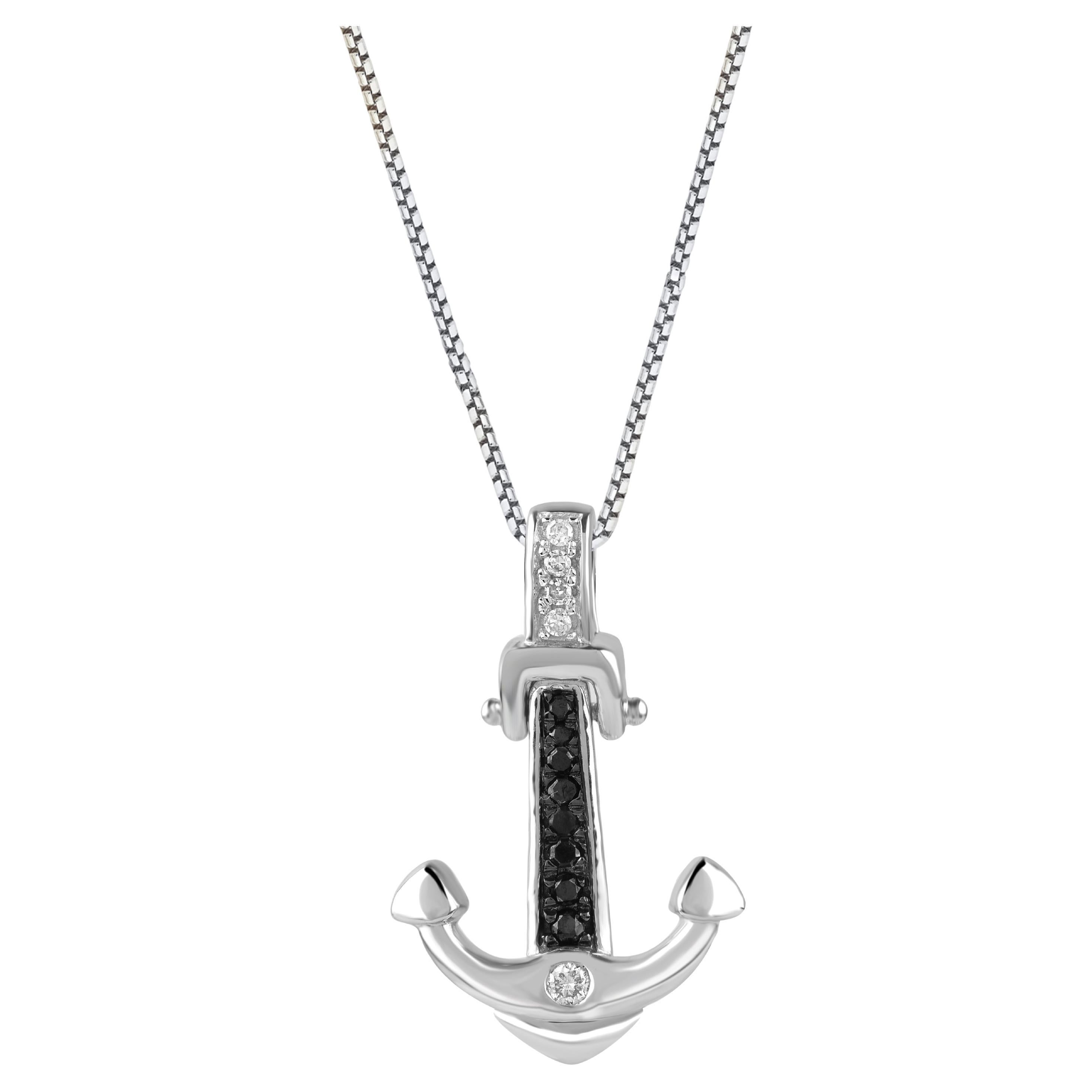 TJD 0.07 Carat White Diamond & Black Treated Diamond 14KT Gold Anchor Pendant For Sale