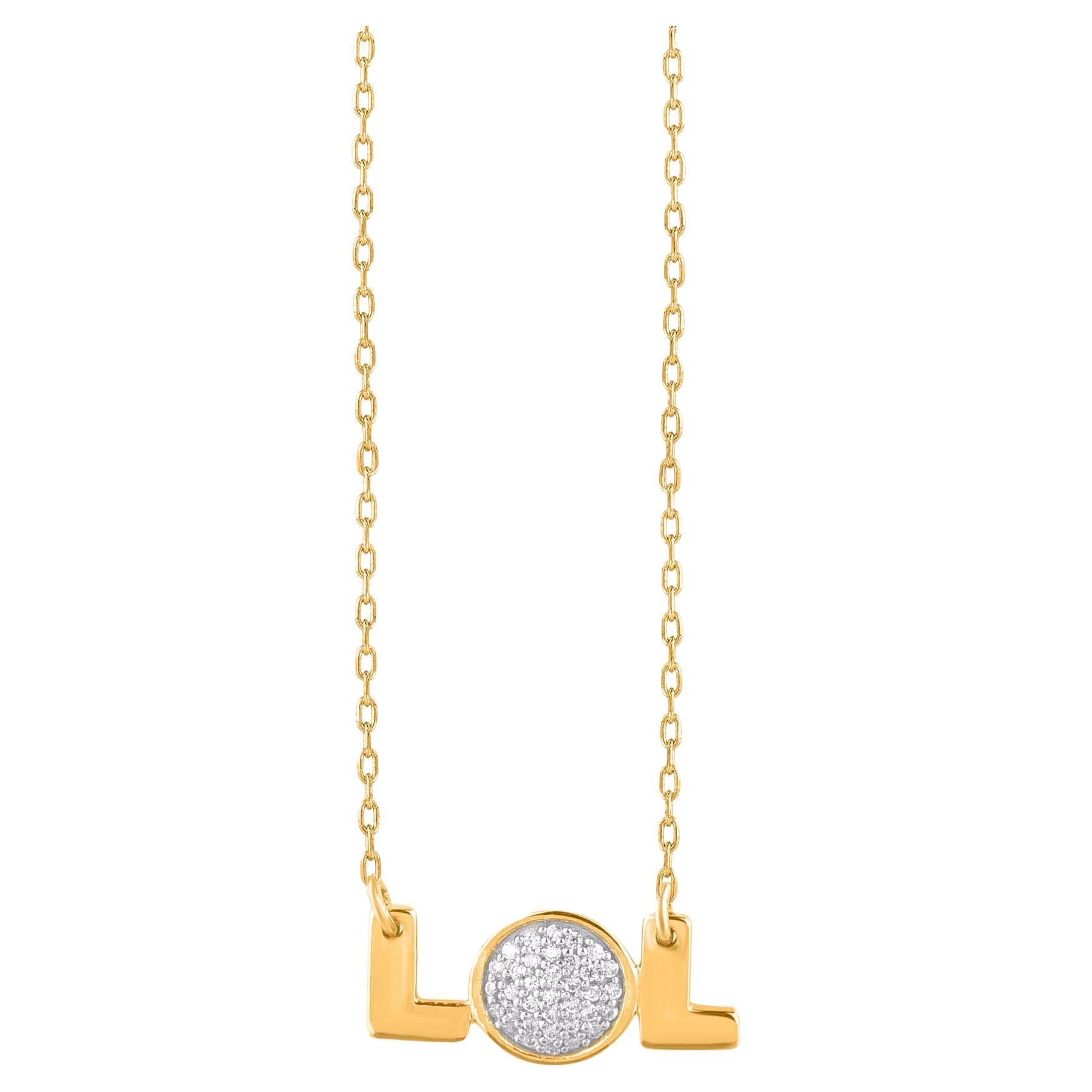 TJD 0.070 Carat Round Natural Diamond 14KT Yellow Gold LOL Word Necklace For Sale