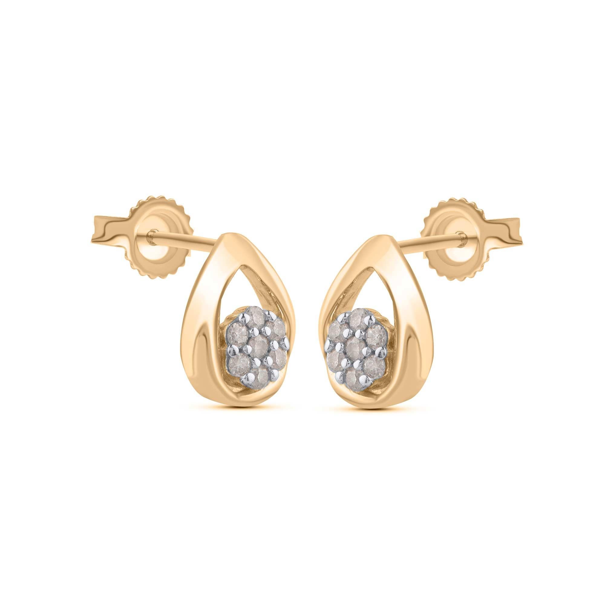 Art Deco TJD 0.08 Carat Brilliant Diamond 14KT Yellow Gold Teardrop Floral Stud Earrings For Sale