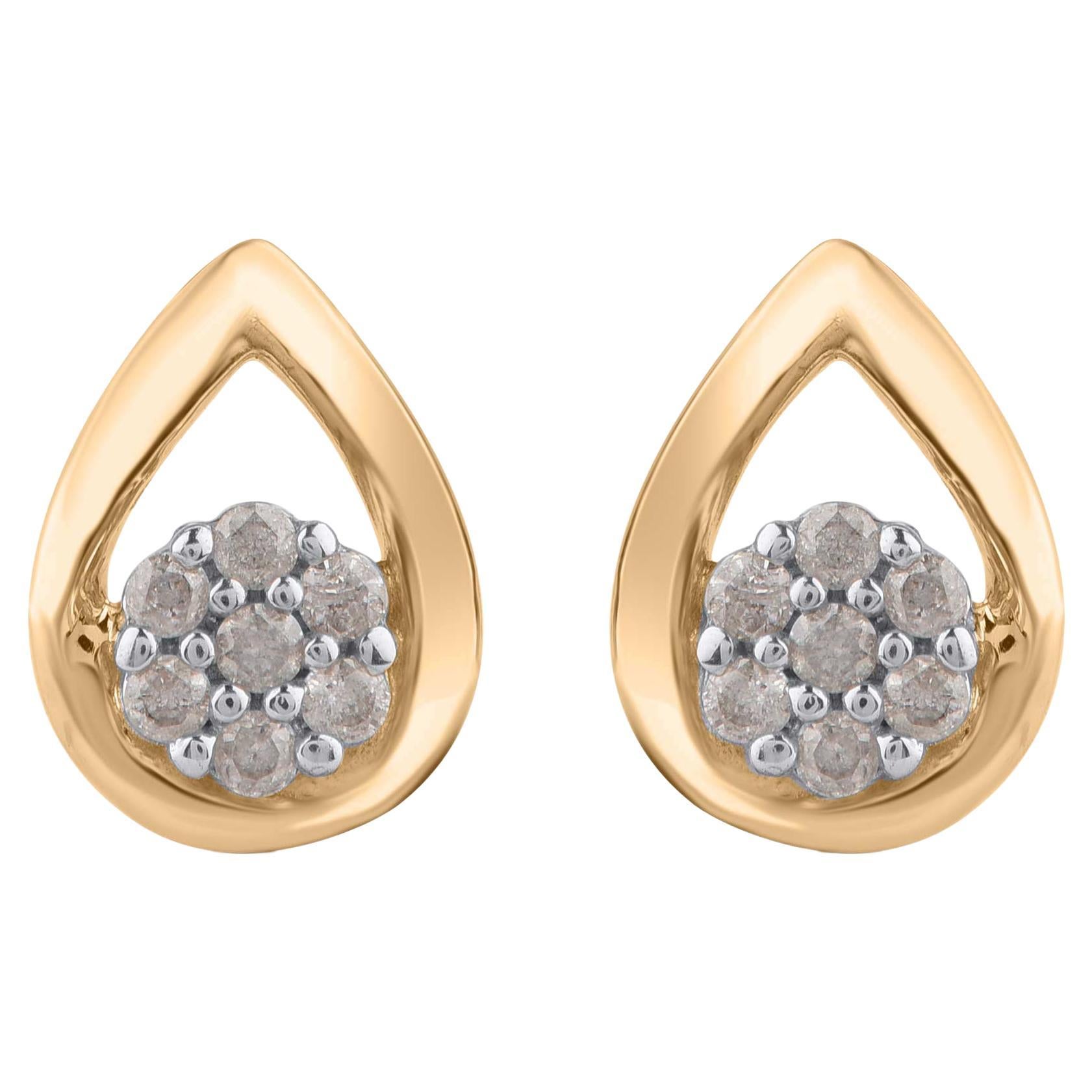TJD 0.08 Carat Brilliant Diamond 14KT Yellow Gold Teardrop Floral Stud Earrings