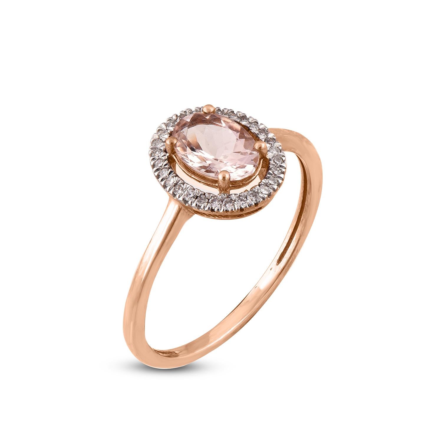 This ring looks truly elegant, studded with 28 brilliant-cut diamonds and 1 natural morganite set in prong setting and crafted in 14 karat rose gold. Diamonds are graded H-I Color, I2 Clarity.
