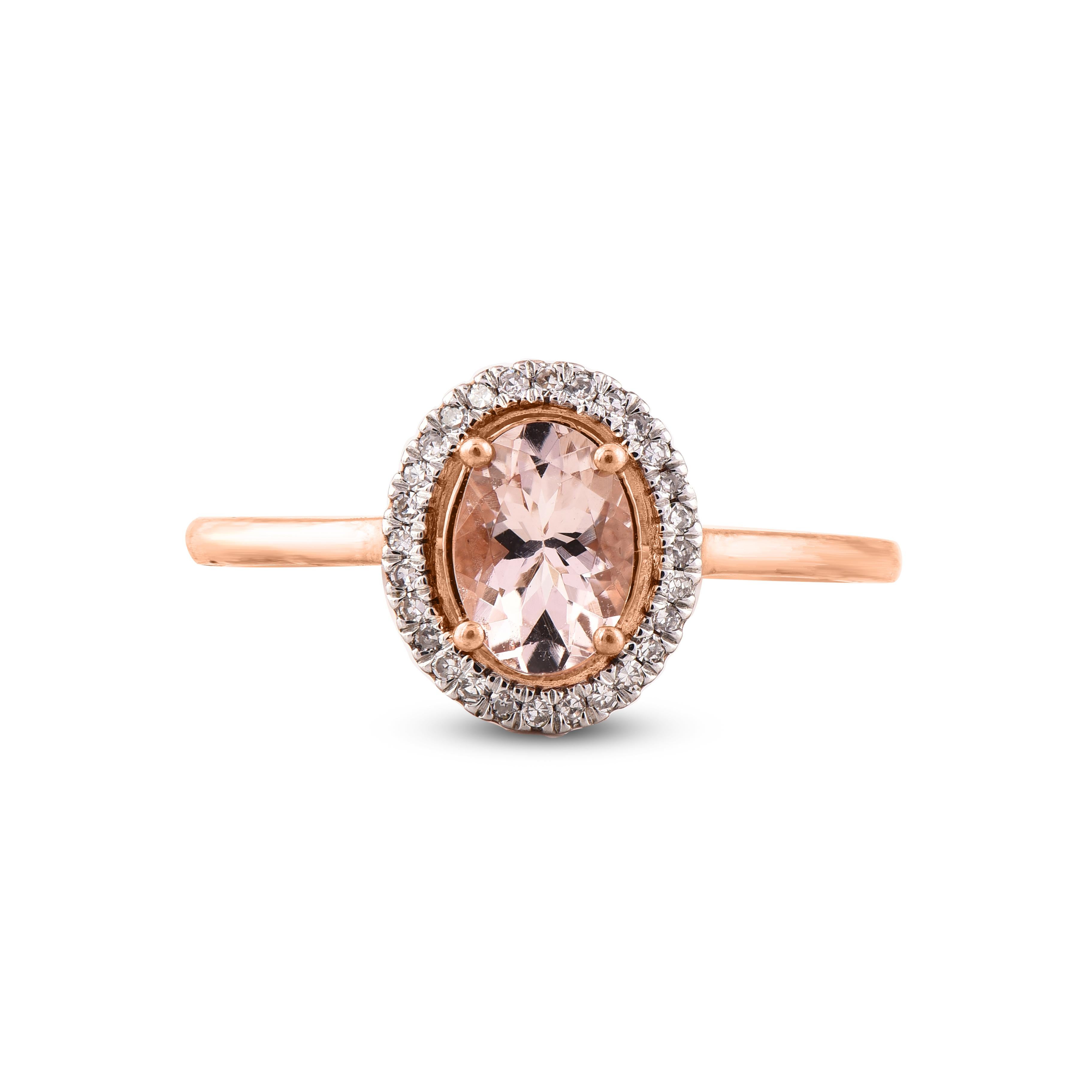 Art Deco TJD 0.08 Carat Diamond and 7X5 mm Cushion Cut Morganite 14Karat Rose Gold Ring For Sale