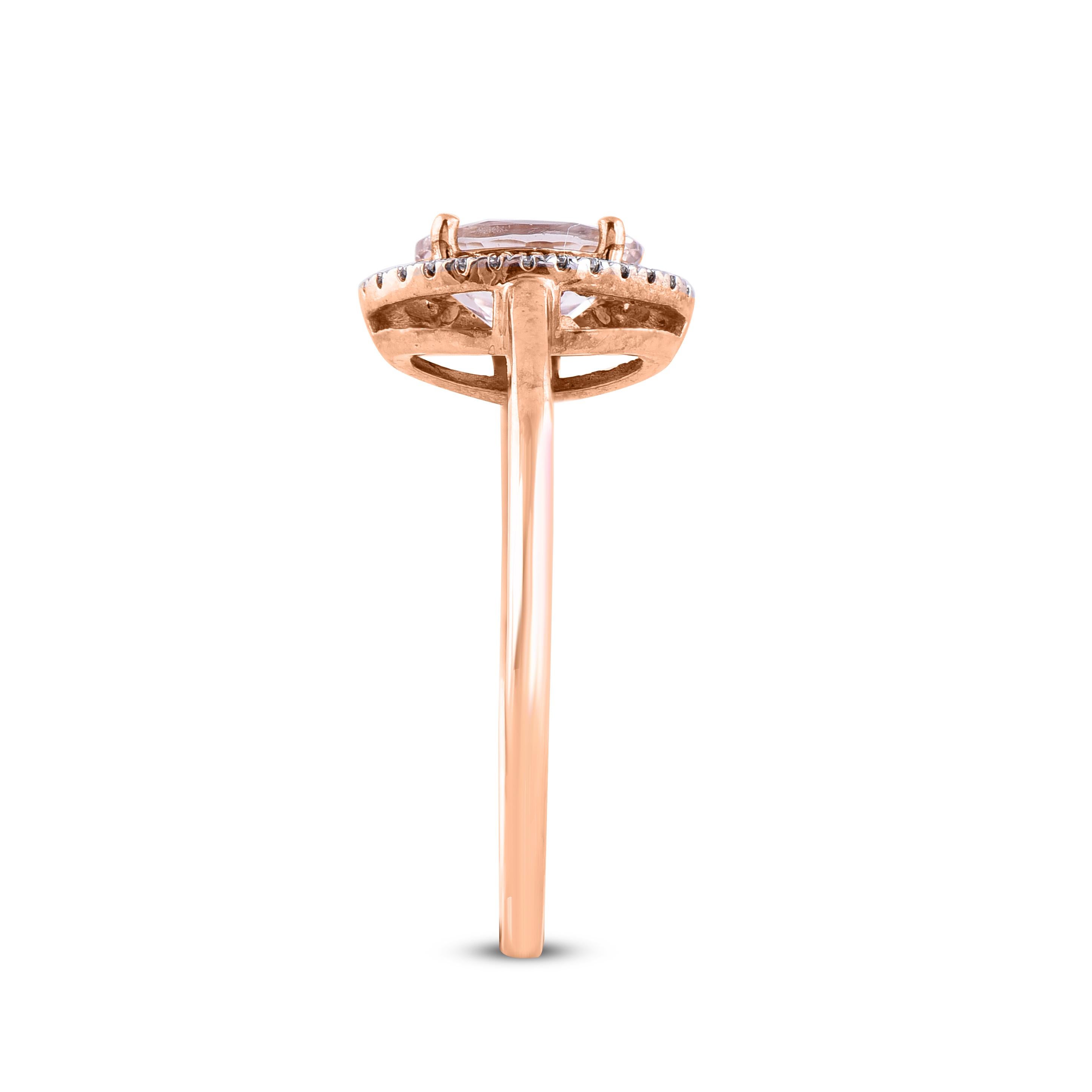 Oval Cut TJD 0.08 Carat Diamond and 7X5 mm Cushion Cut Morganite 14Karat Rose Gold Ring For Sale